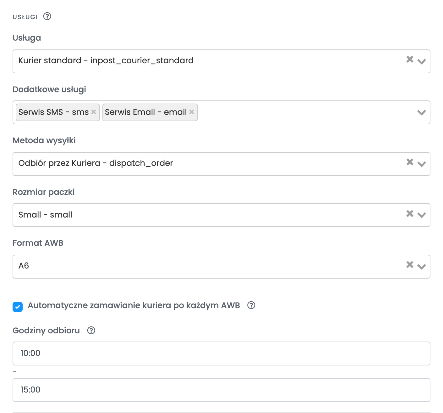 Sekcja usług kurierskiego połączenia InPost: Kurier standard, powiadomienia SMS i e-mail, Odbiór przez Kuriera, automatyczne zamawianie kuriera i godziny odbioru od 10:00 do 15:00.