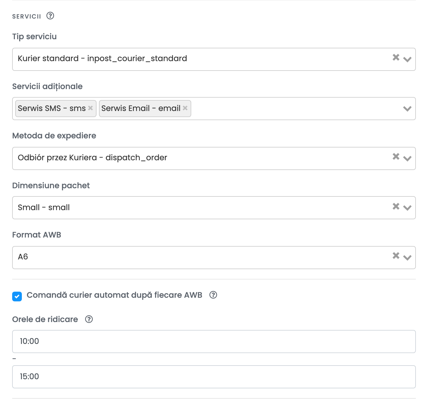 Secțiunea de servicii a unei conexiuni InPost de curier: Kurier standard, notificări prin SMS și e-mail, Odbiór przez Kuriera, ridicarea automată cu curierul și orele de ridicare de la 10:00 la 15:00.