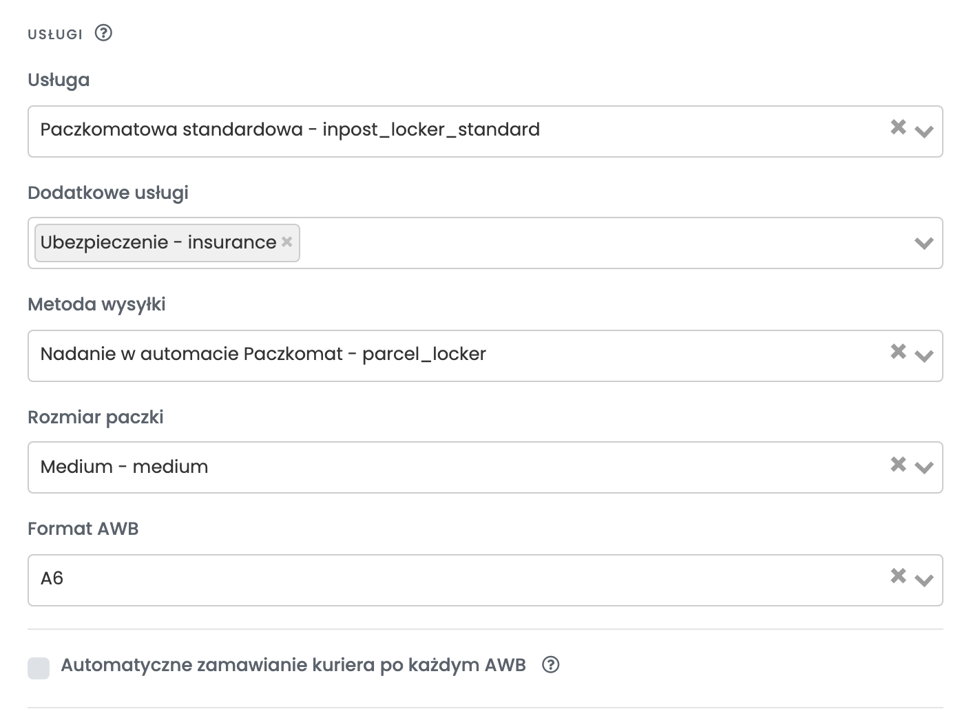 Sekcja usług paczkomatowego połączenia InPost: Paczkomatowa standardowa, ubezpieczenie, Nadanie w automacie Paczkomat, rozmiar paczki Medium i format AWB A6.