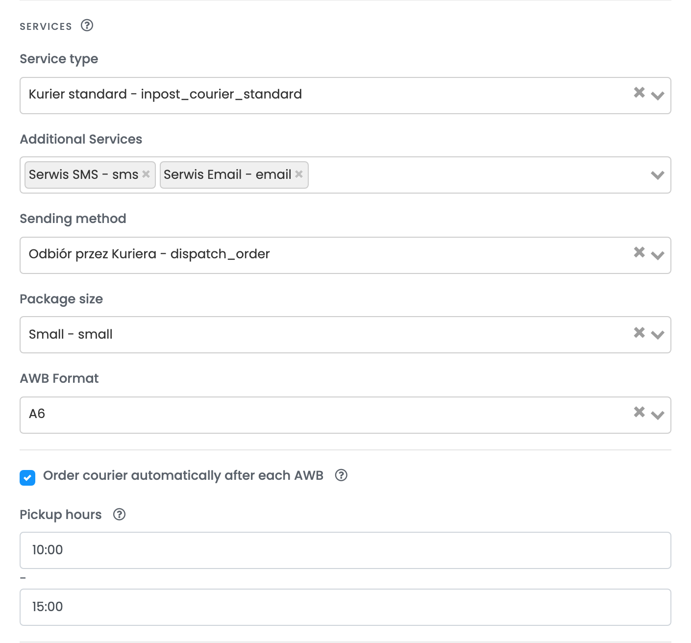 Der Dienstbereich einer InPost-Kurier-Verbindung: Kurier standard, Benachrichtigungen per SMS und E-Mail, Odbiór przez Kuriera, automatische Kurierabholung und Abholzeiten von 10:00 bis 15:00.