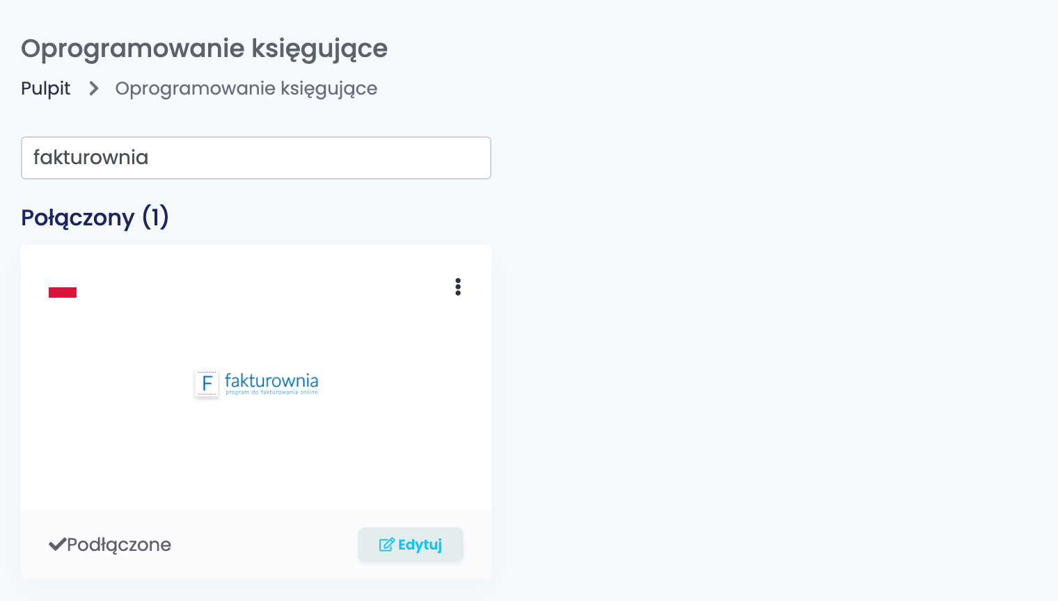 Strona Oprogramowanie księgujące w easySales, przefiltrowana do Fakturowni, z podłączoną kartą Fakturownia.