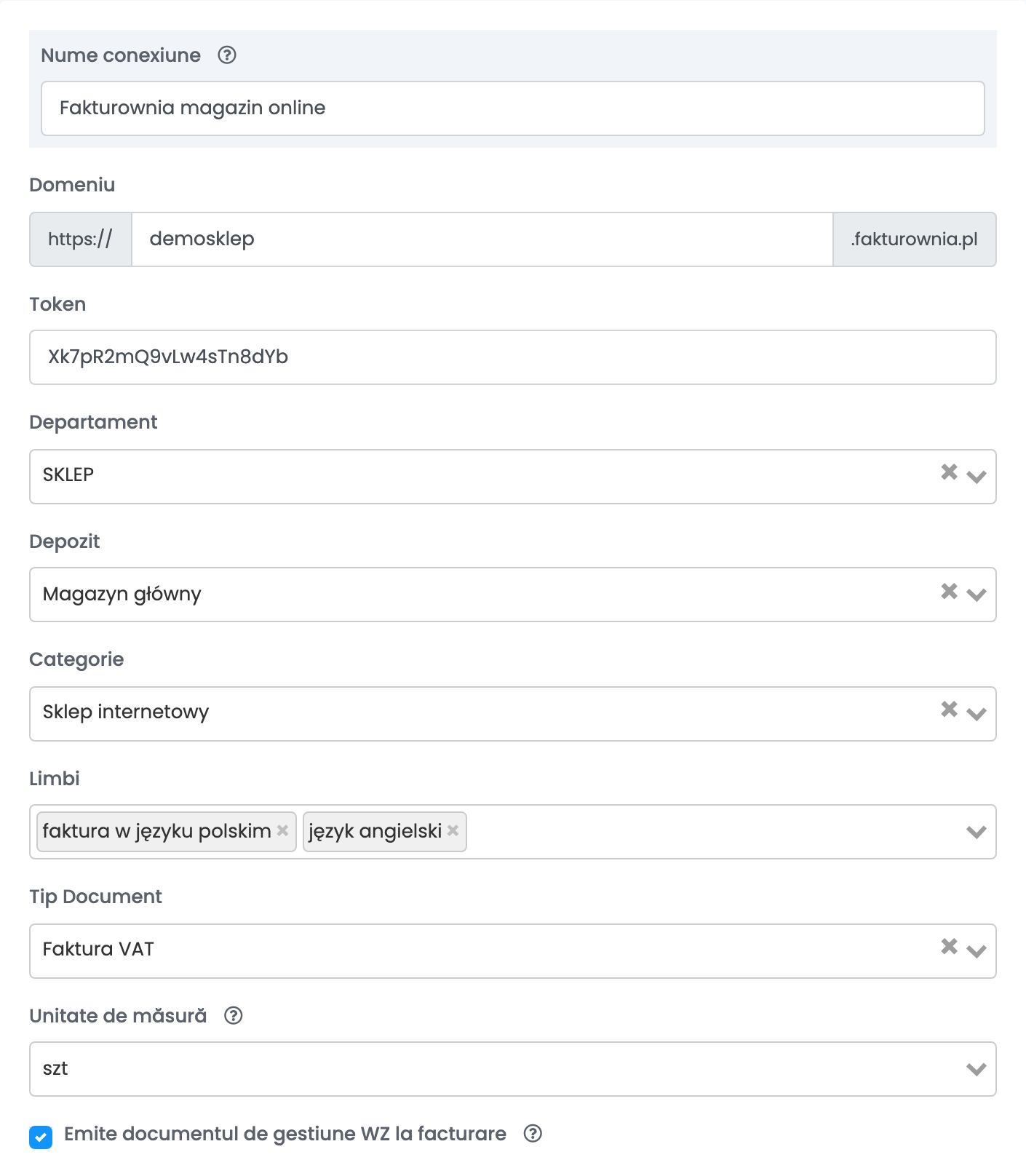 O conexiune Fakturownia după Obține detalii, cu Departament, Depozit, Categorie, Limbi, Tip Document Faktura VAT, Unitate de măsură szt și opțiunea pentru documentul WZ bifată.
