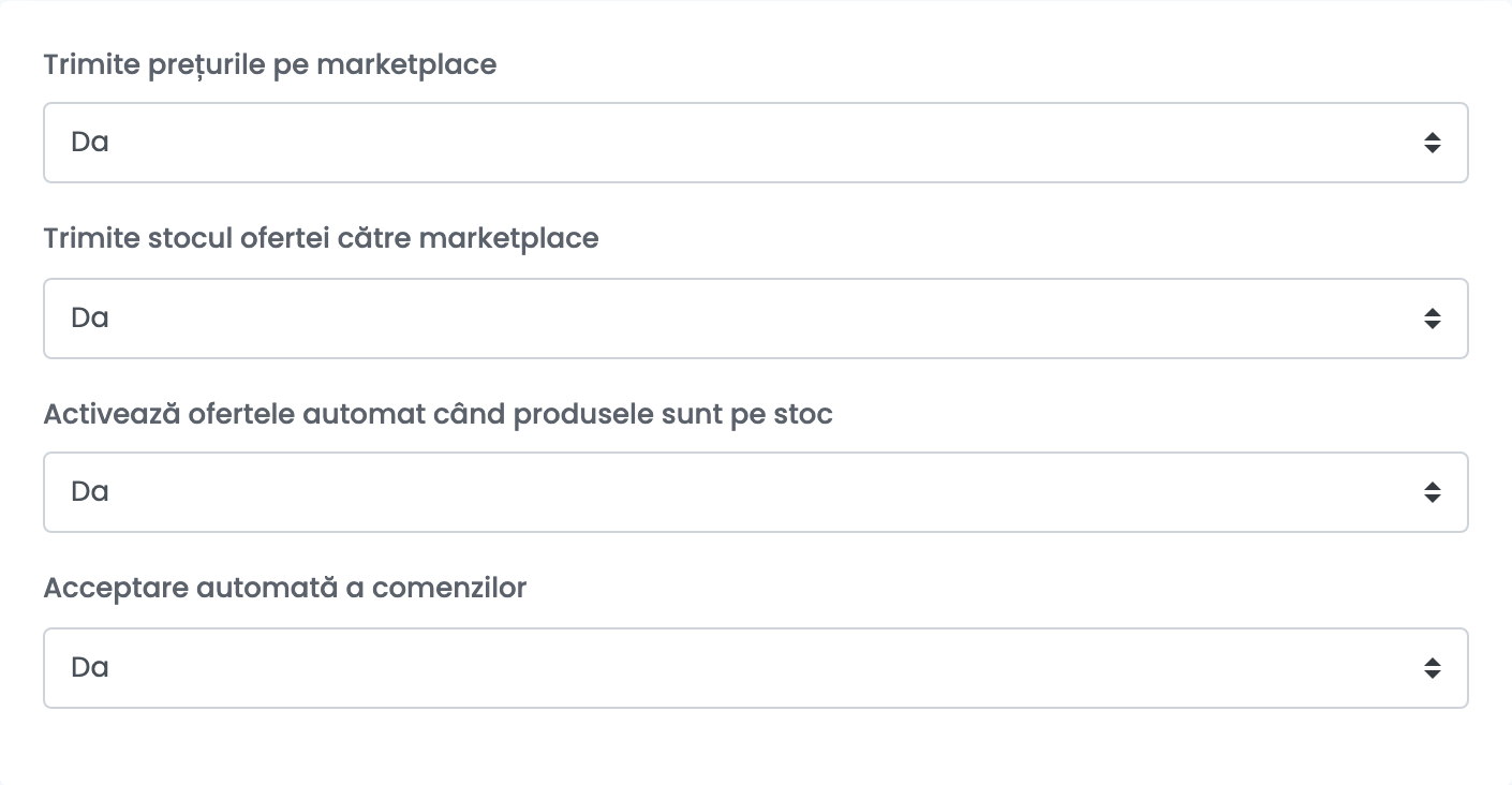 Tab-ul Setări adiționale al unei conexiuni Empik, cu prețurile, stocul, activarea automată și Acceptare automată a comenzilor setate toate pe Da.