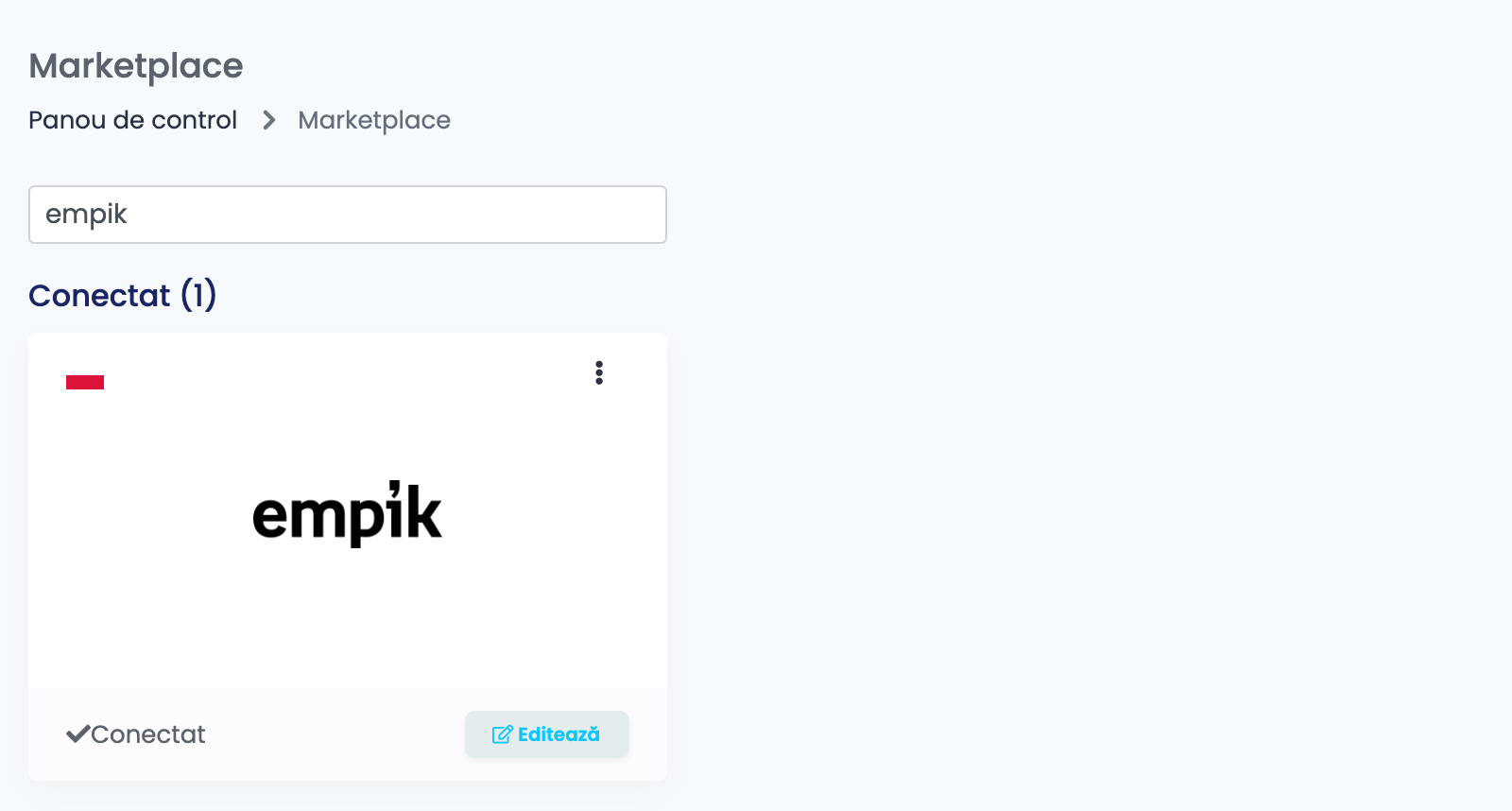 Pagina Marketplace din easySales, filtrată după Empik, cu cardul Empik conectat.