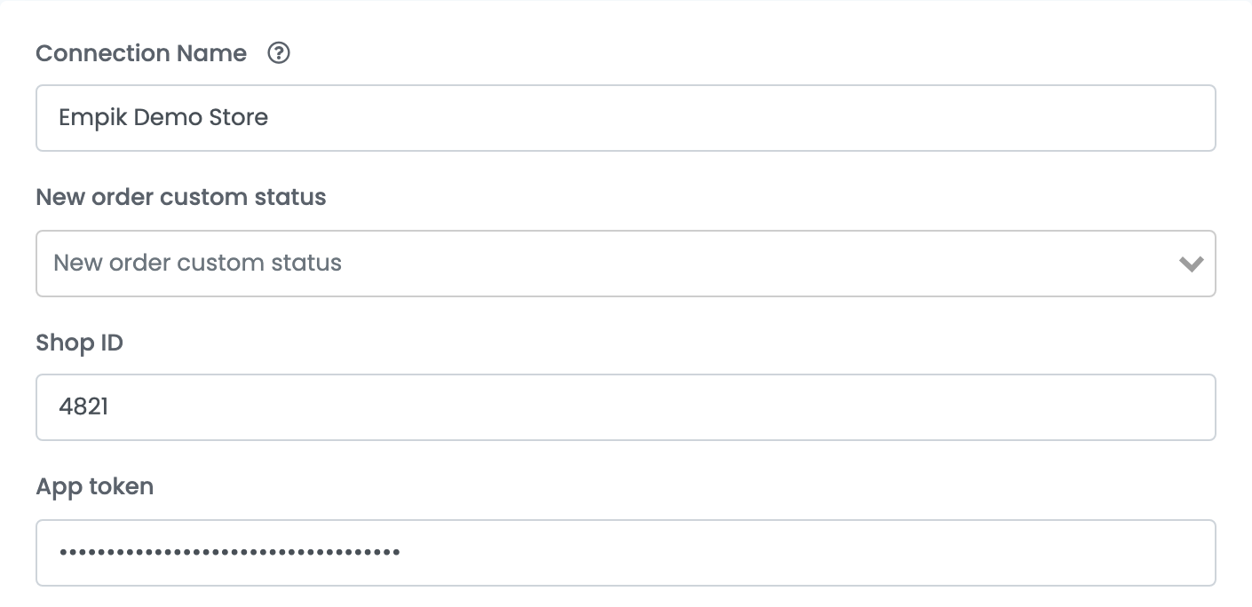 Der obere Teil einer Empik-Verbindung in easySales: Verbindungsname, Neuer benutzerdefinierter Bestellstatus, Shop ID und das maskierte App Token.