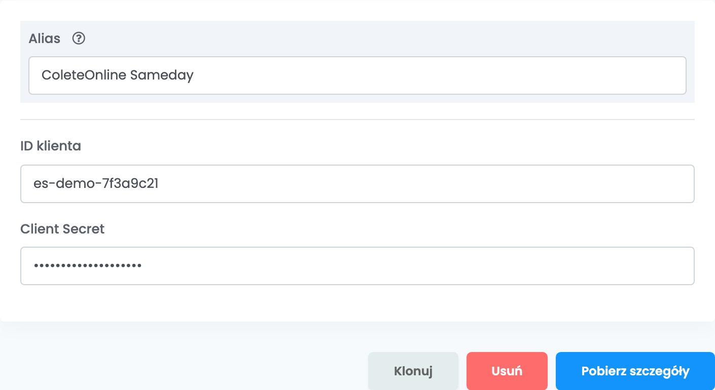 Połączenie z Colete Online w easySales przed kliknięciem Pobierz szczegóły: Alias, ID klienta, zamaskowany Client Secret i przycisk Pobierz szczegóły.