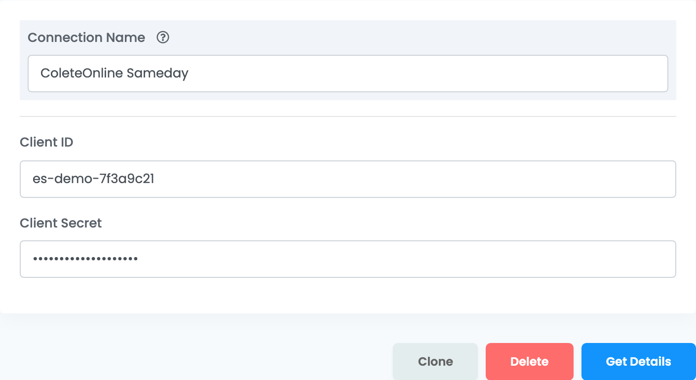A Colete Online connection in easySales before Get Details: Connection Name, Client ID, the masked Client Secret and the Get Details button.