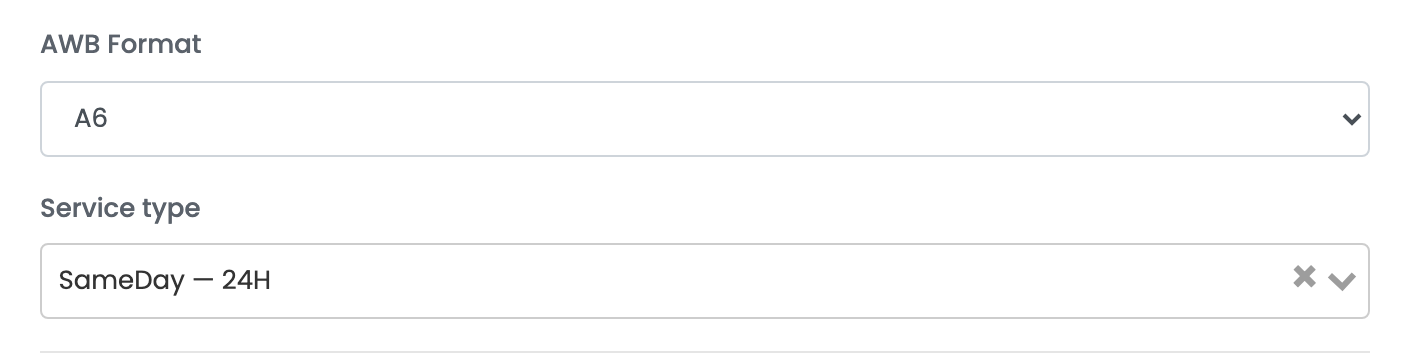 The AWB Format A6 and Service type SameDay — 24H fields of a Colete Online connection.