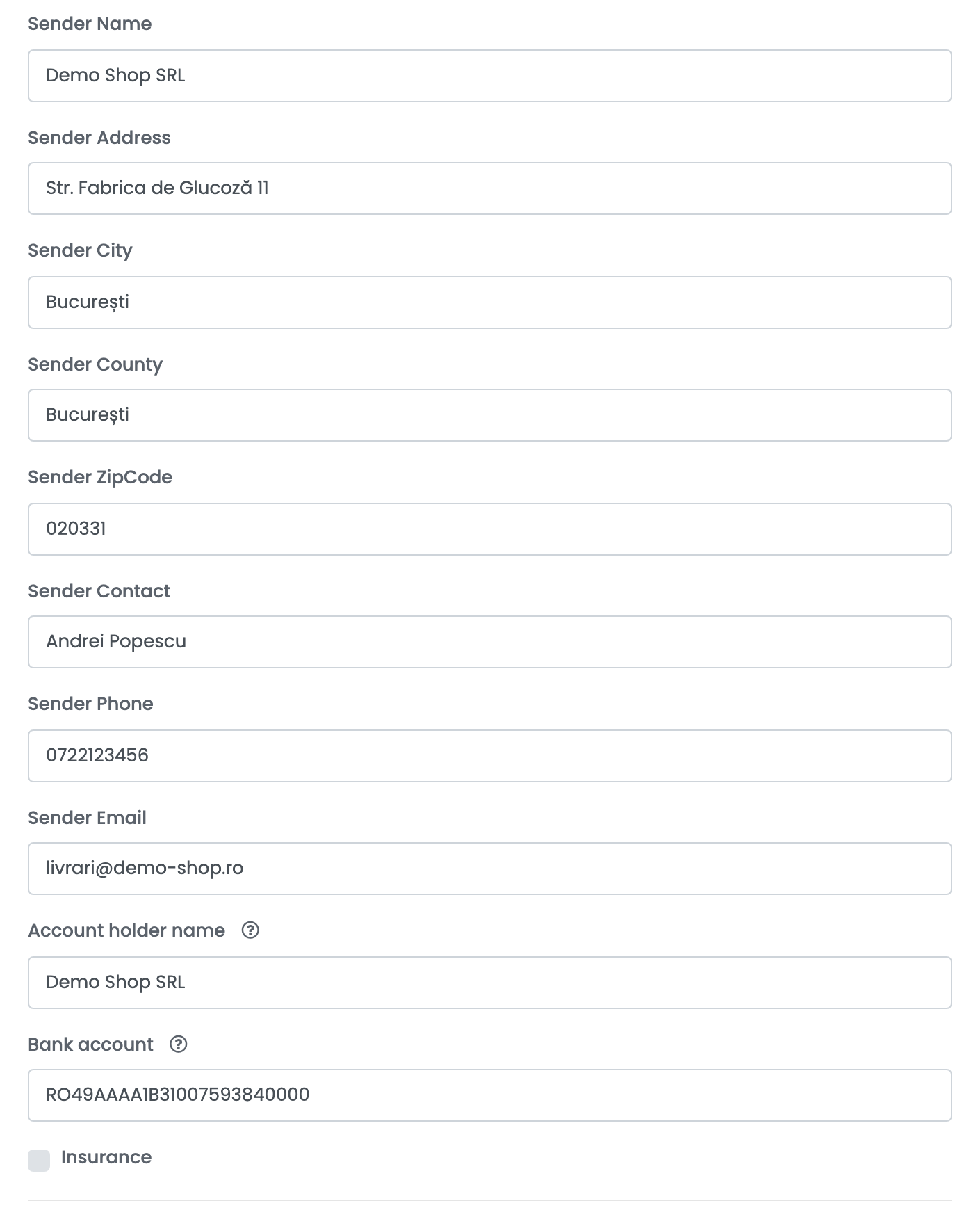 The sender fields of a Colete Online connection with a Bucharest address, the account holder name and bank account for cash on delivery, and the Insurance option.