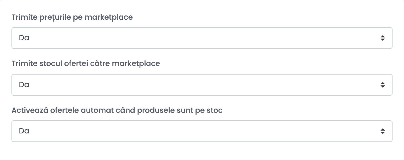 Tab-ul Setări adiționale al unei conexiuni Pigu, cu prețurile, stocul și activarea automată setate toate pe Da.