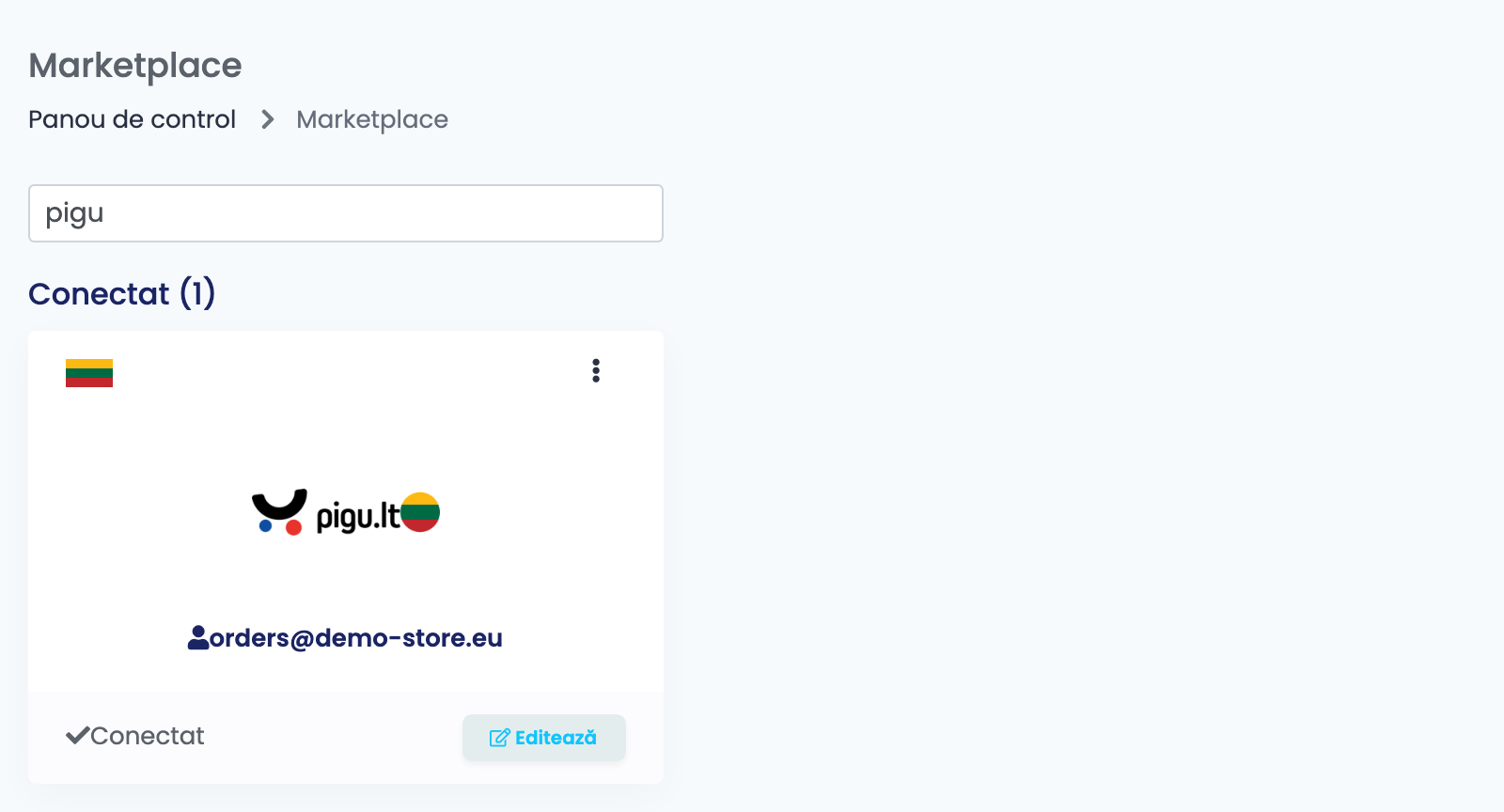 Pagina Marketplace din easySales, cu căutarea pigu, cu cardul Pigu.lt conectat.
