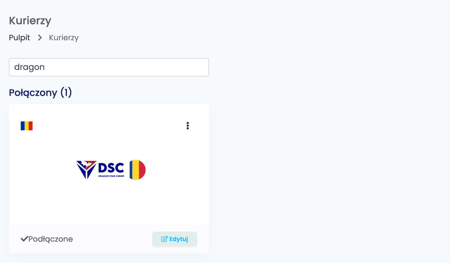 Strona Kurierzy w easySales po wyszukaniu dragon, z podłączoną kartą Dragon Star (DSC).