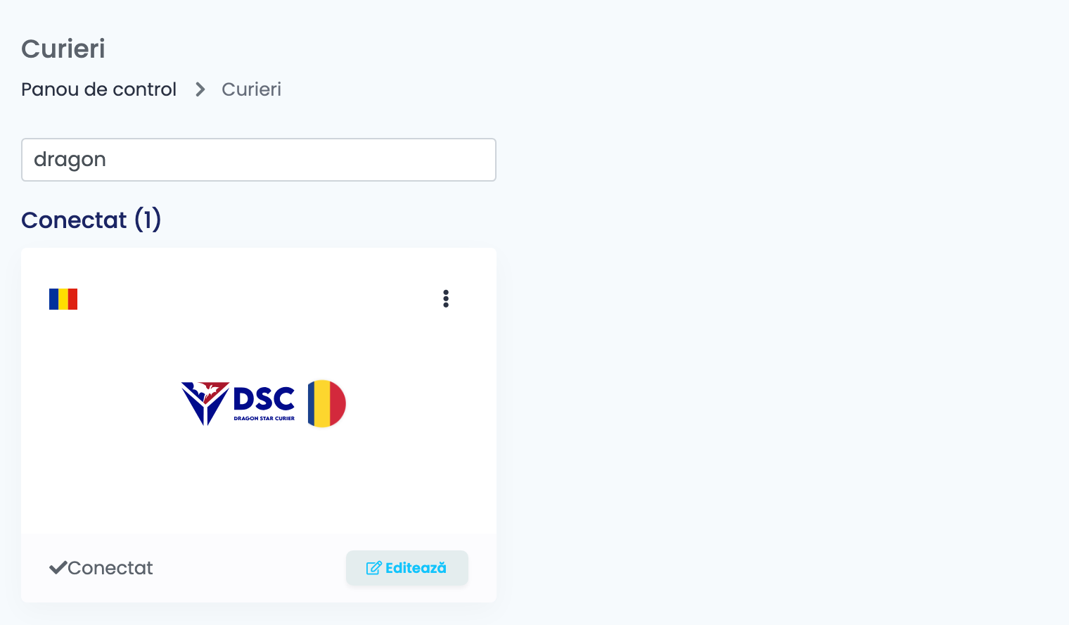 Pagina Curieri din easySales, cu căutarea dragon și cardul Dragon Star (DSC) conectat.