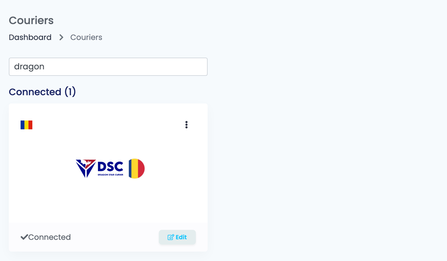Die Seite Kuriere in easySales, gesucht nach dragon, mit der verbundenen Karte Dragon Star (DSC).