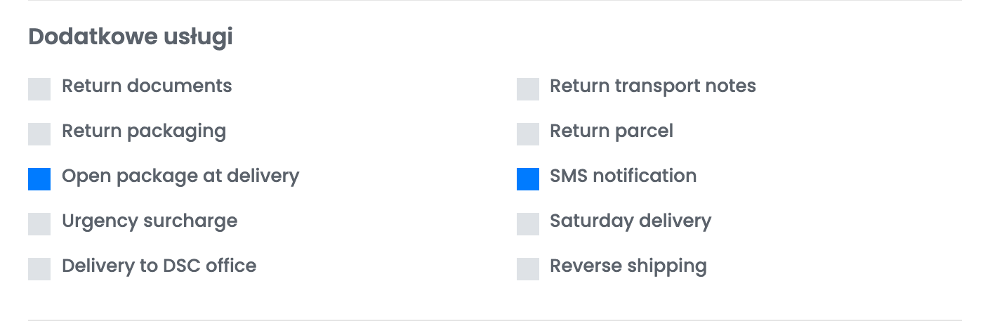 Dodatkowe usługi połączenia z DragonStar z zaznaczonymi opcjami Open package at delivery i SMS notification.
