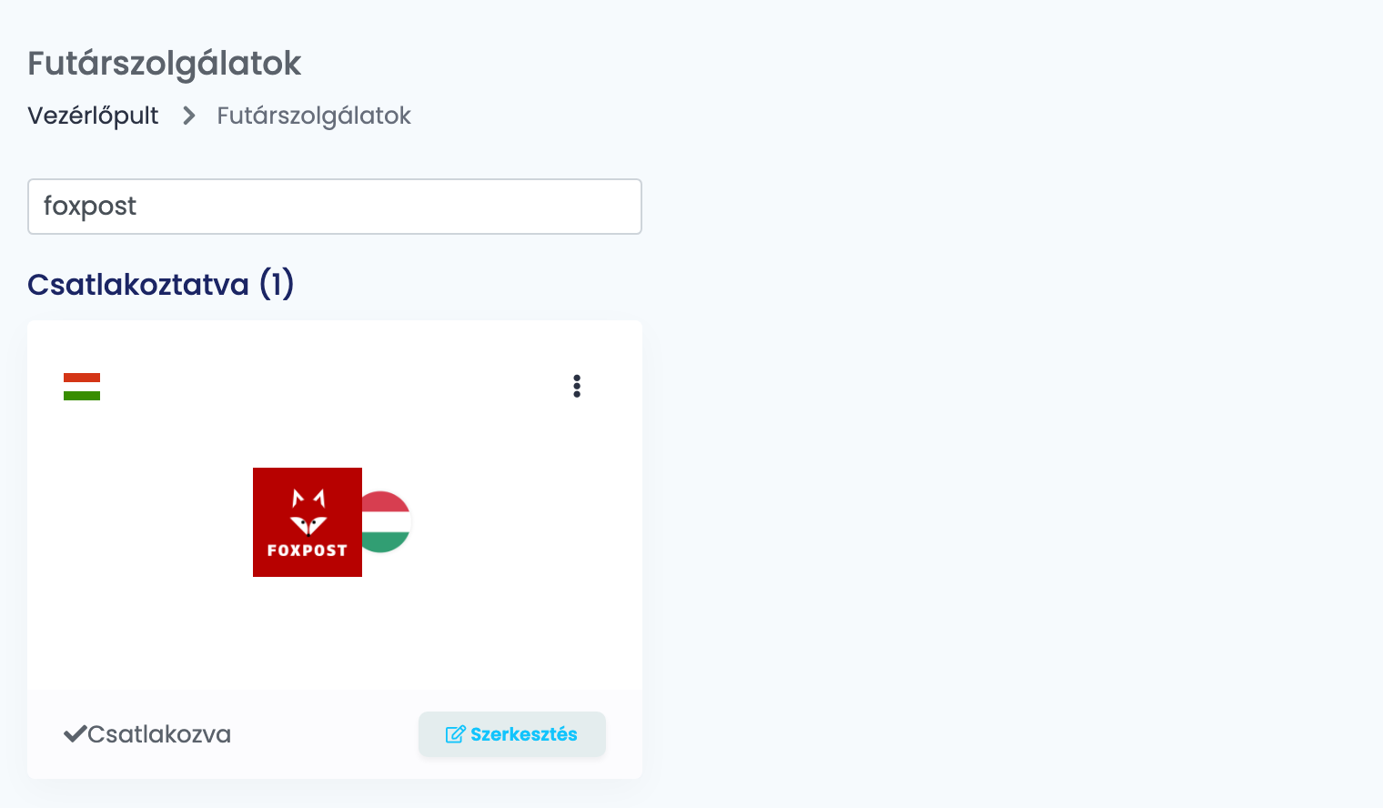 Az easySales Futárok oldala foxpost keresésre szűrve, a csatlakoztatott Foxpost kártyával.