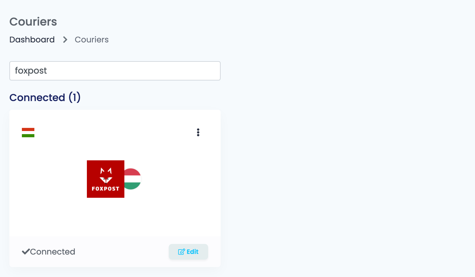Die Seite Kuriere in easySales mit der Suche foxpost und der verbundenen Foxpost-Karte.