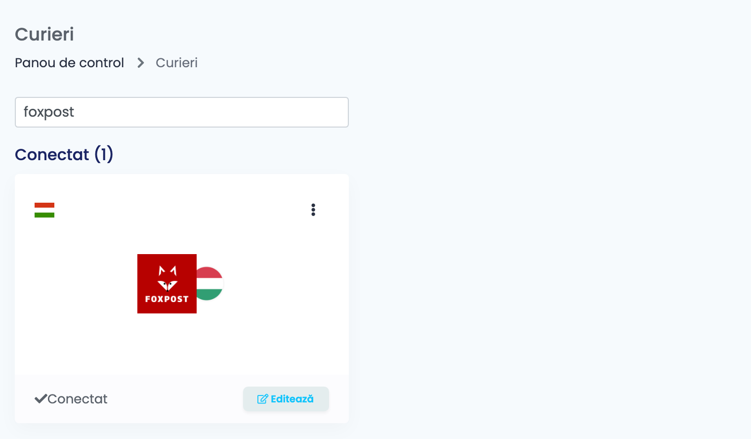 Pagina Curieri din easySales, cu căutarea foxpost și cardul Foxpost conectat.