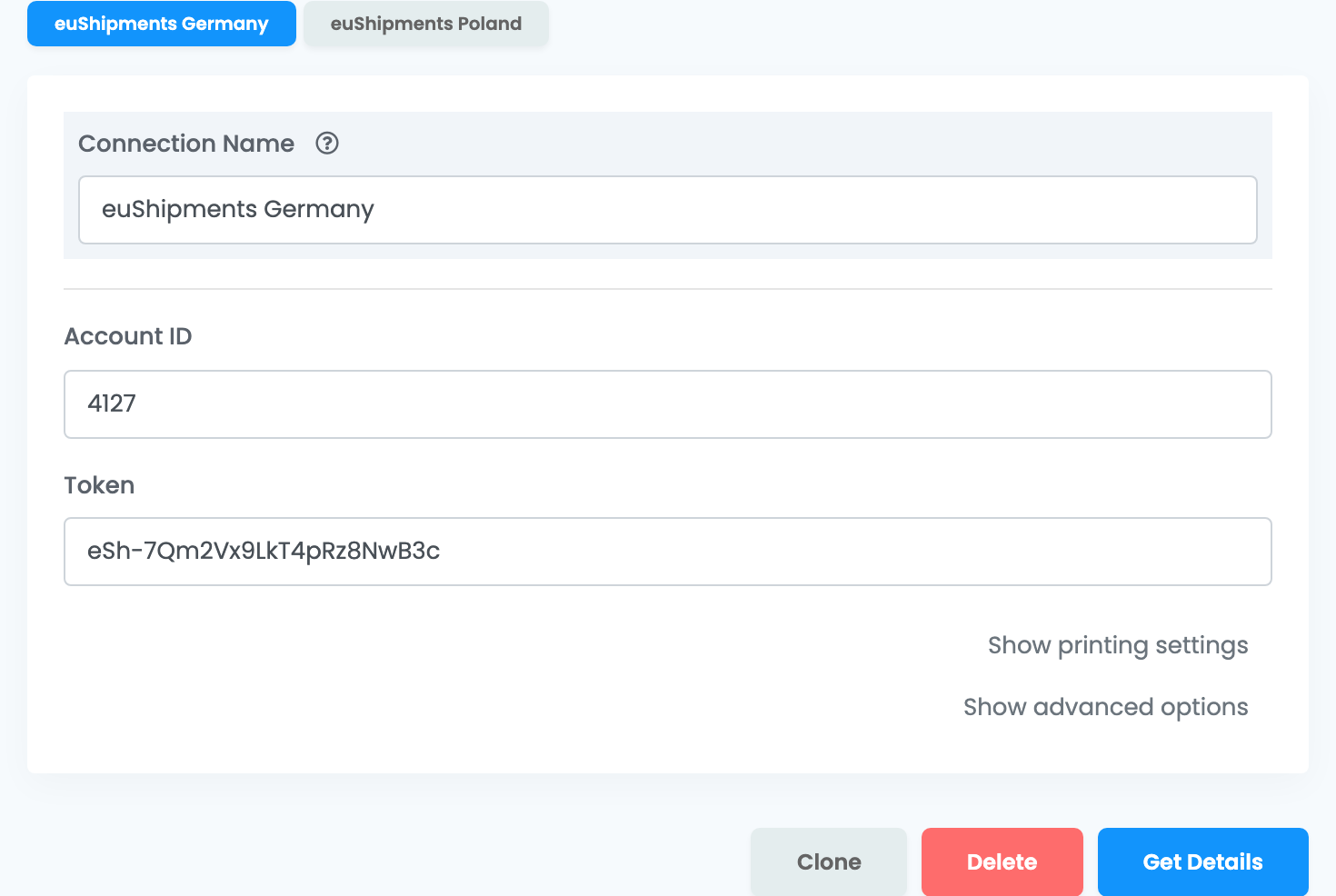 Zwei euShipments-Verbindungen, euShipments Germany und euShipments Poland, die erste geöffnet: Verbindungsname, Konto-ID, Token und die Schaltfläche Details abrufen.