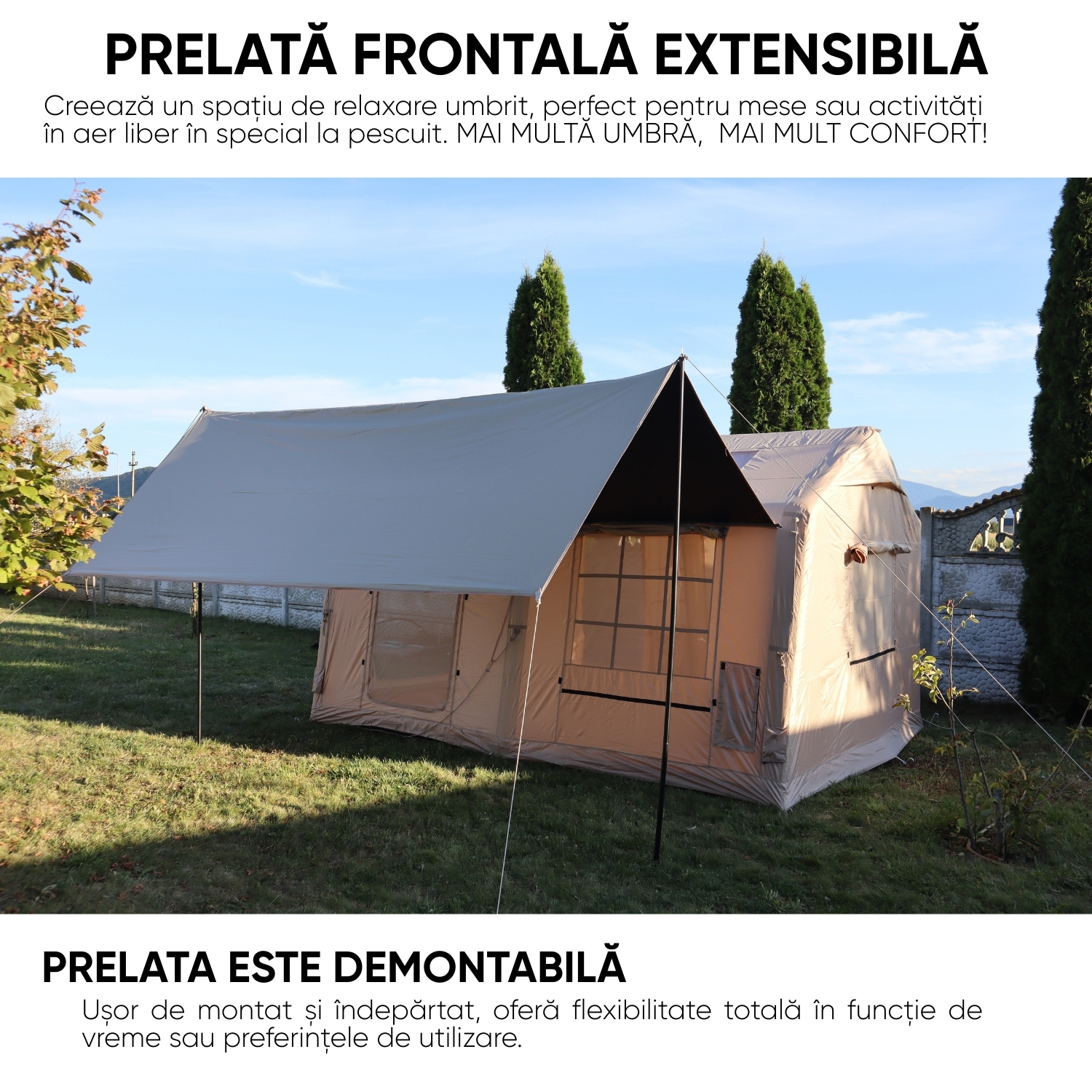 Cort Gonflabil PLEMORY®, 8-10 Persoane, Impermeabil, Material Rezistent, Cusaturi Tratate cu Silicon, Tip Casa 400x300x215 cm, Pompa Inclusa, Montare Usoara, Ideal pentru Camping si Evenimente, Foarte Rezistent la Vant, 10 Orificii de Aerisire, Bej
