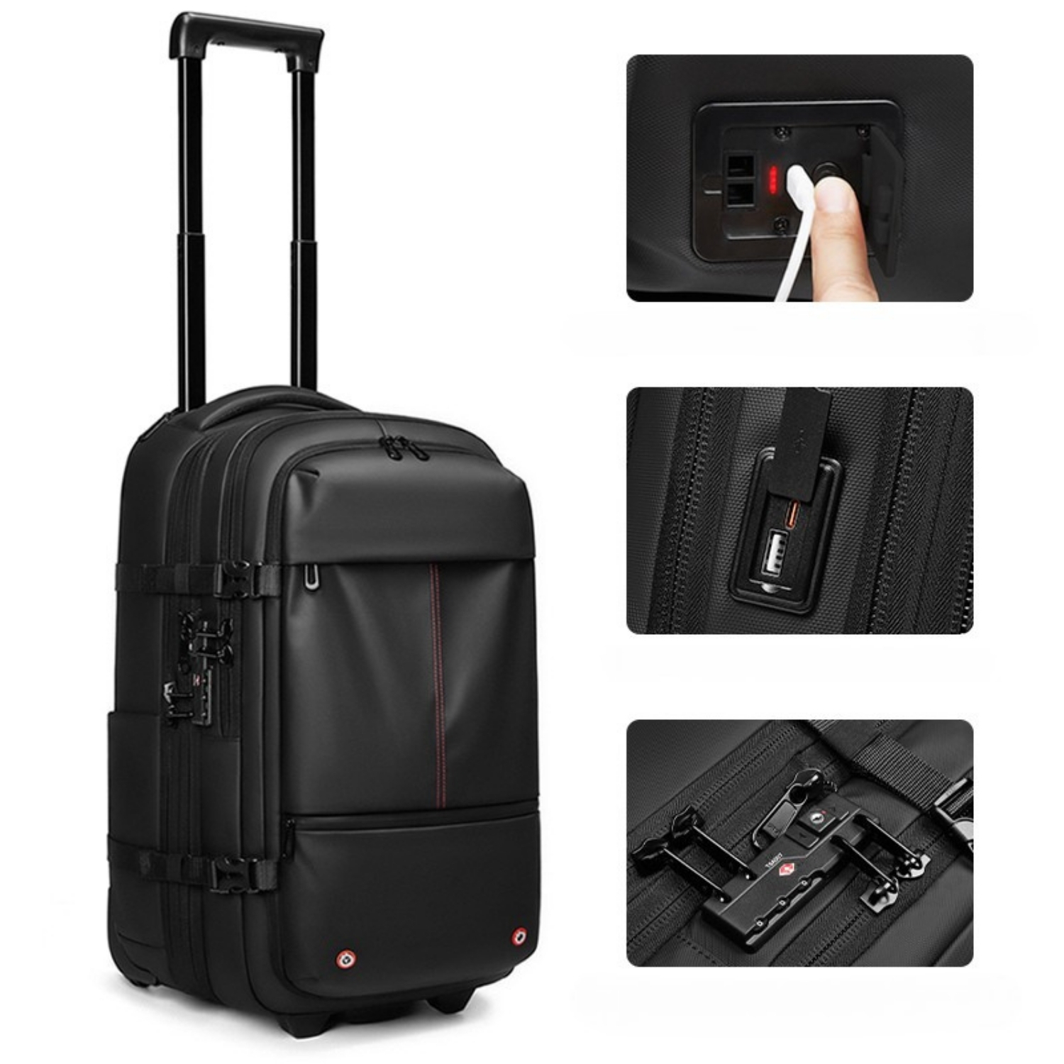 Rucsac PLEMORY® Vidabil cu Pompa Incorporata Tip Troliu, Ghiozdan Multifunctional, cu Vacuum, Smart, Compresie Vid, Compartiment Laptop 17", Rezistent la Apa, Ideal pentru Avion, Calatorii, Impermiabil, 35-60L, Anti-Furt, Oxford 900D, Aspect Piele, Negru
