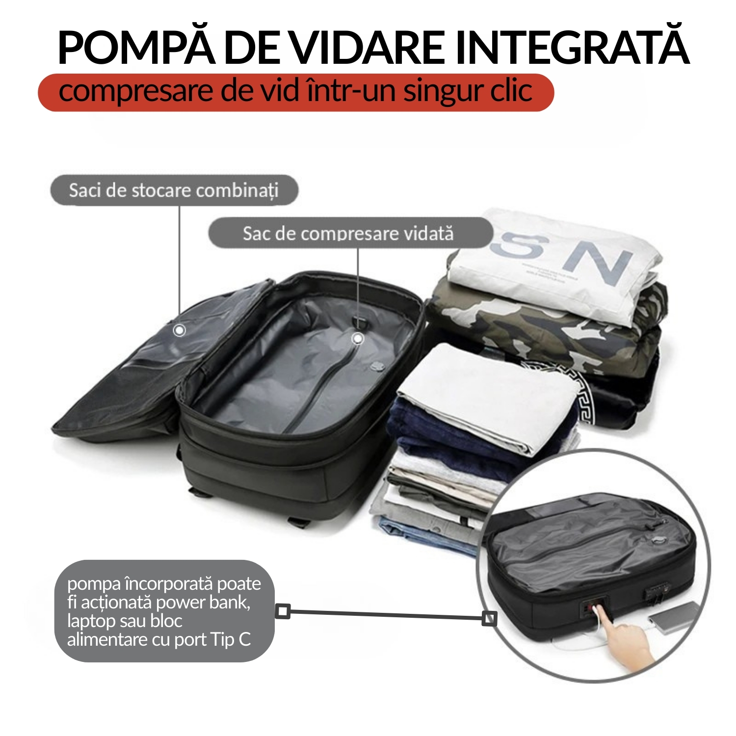 Rucsac PLEMORY® Vidabil cu Pompa Incorporata Tip Troliu, Ghiozdan Multifunctional, cu Vacuum, Smart, Compresie Vid, Compartiment Laptop 17", Rezistent la Apa, Ideal pentru Avion, Calatorii, Impermiabil, 35-60L, Anti-Furt, Oxford 900D, Aspect Piele, Negru