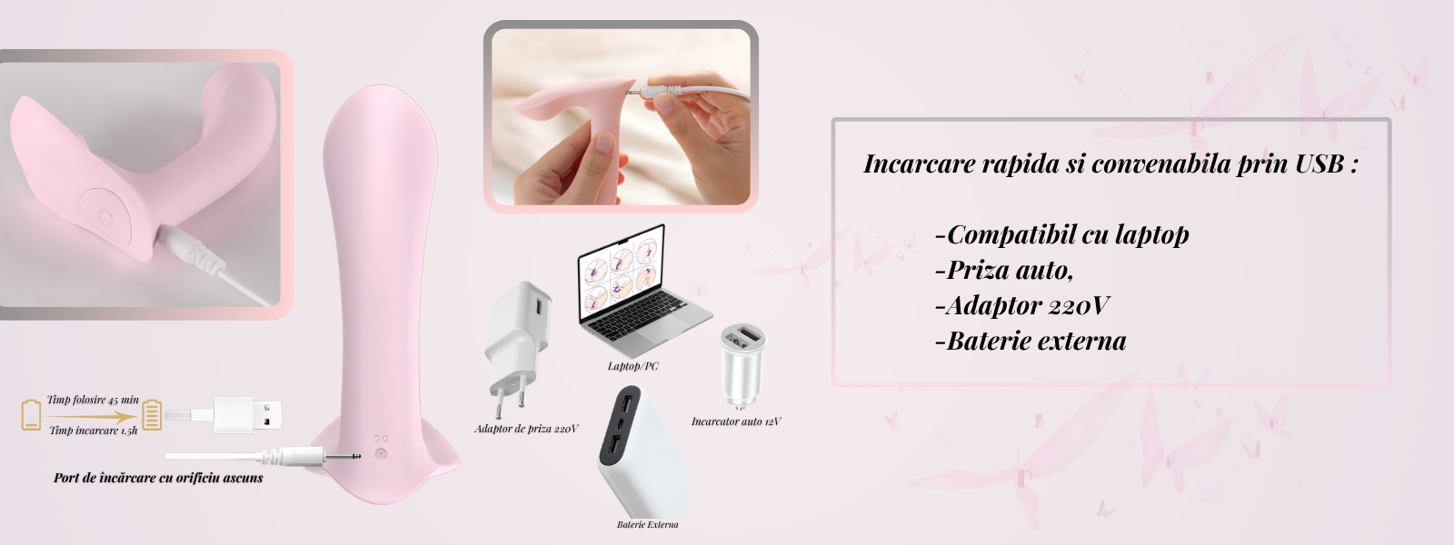 Vibrator USB reîncărcabil compatibil cu laptop, adaptor 220V și baterie externă