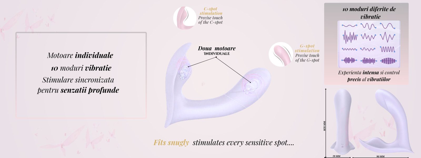 Vibrator PassionPulse mov cu două motoare independente, 10 moduri vibrație pentru stimulare G și C spot