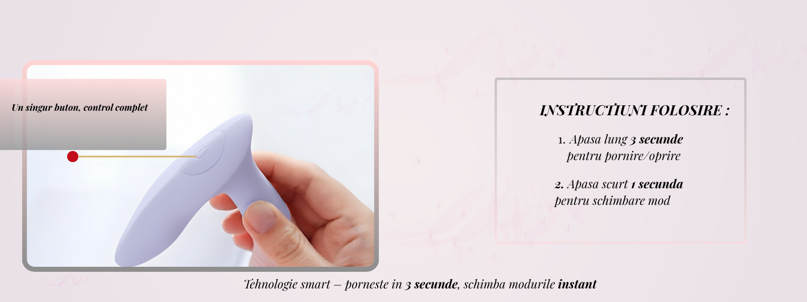 Vibrator mov PassionPulse cu un singur buton, control rapid și schimbare moduri vibrație