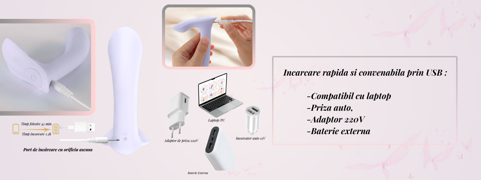 Vibrator mov reîncărcabil USB, compatibil cu laptop, adaptor 220V și power bank