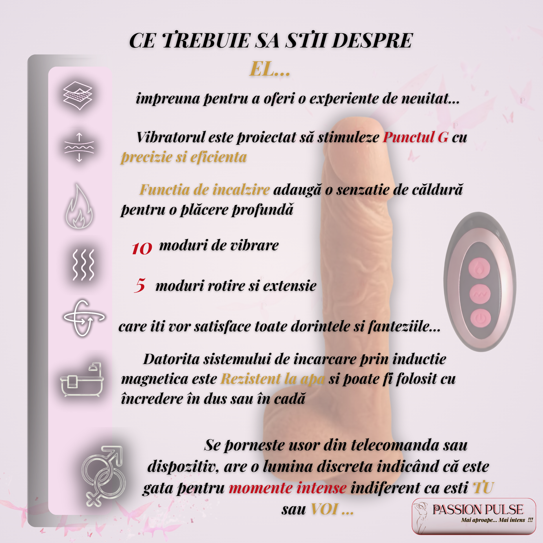 stimulator PassionPulse incalzire 10 moduri vibratie 5 rotatie extensie rezistent apa