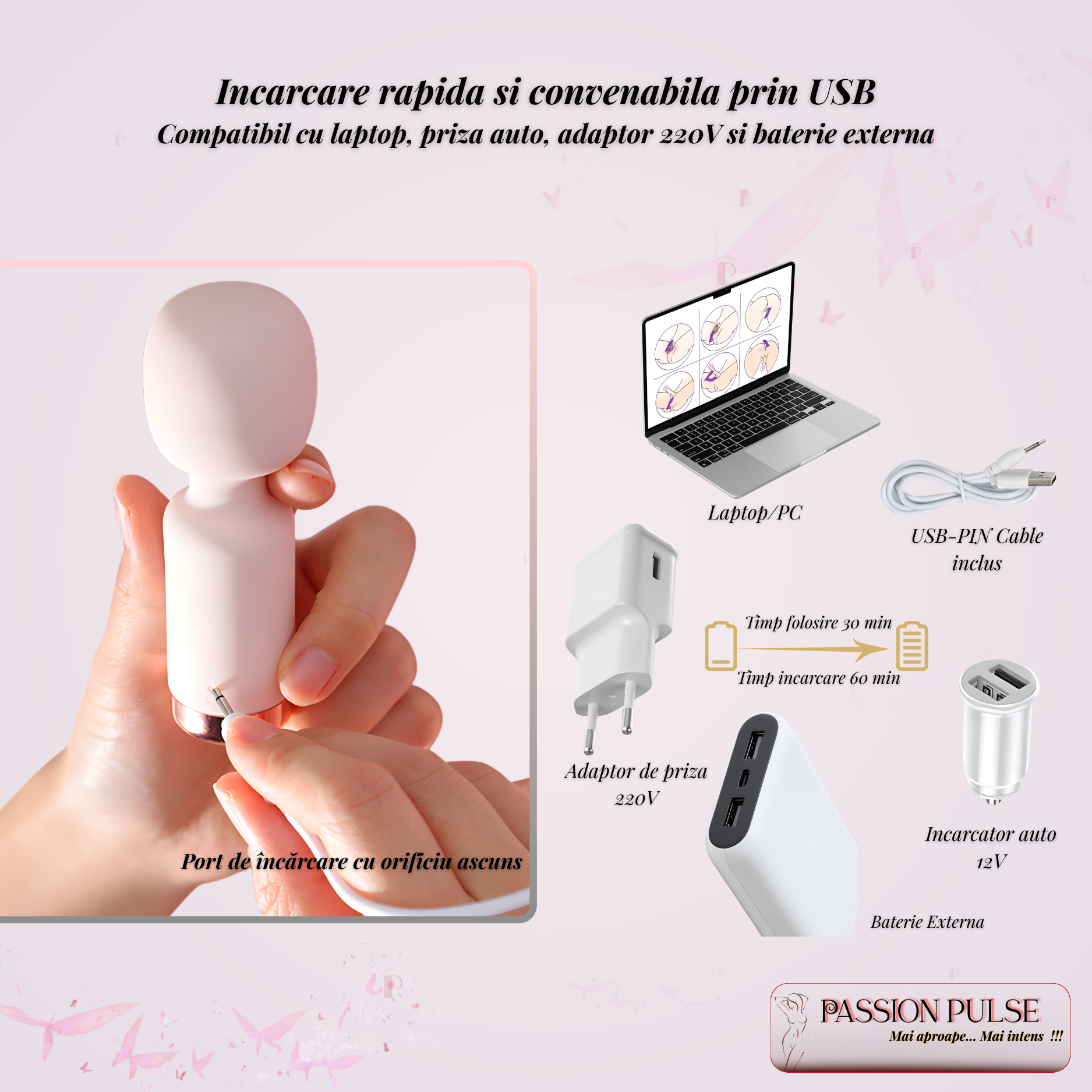 Încărcare rapidă prin USB pentru mini vibrator PassionPulse – compatibil laptop, adaptor 220V, încărcător auto, baterie externă