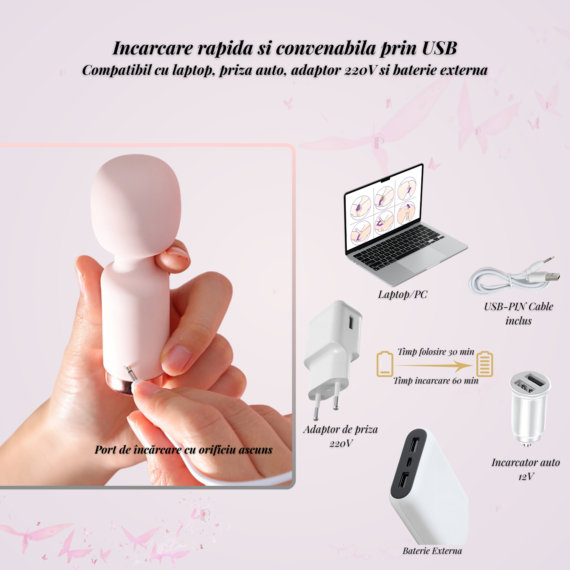 Încărcare rapidă prin USB pentru mini vibrator PassionPulse - compatibil laptop, adaptor 220V, încărcător auto, baterie externă
