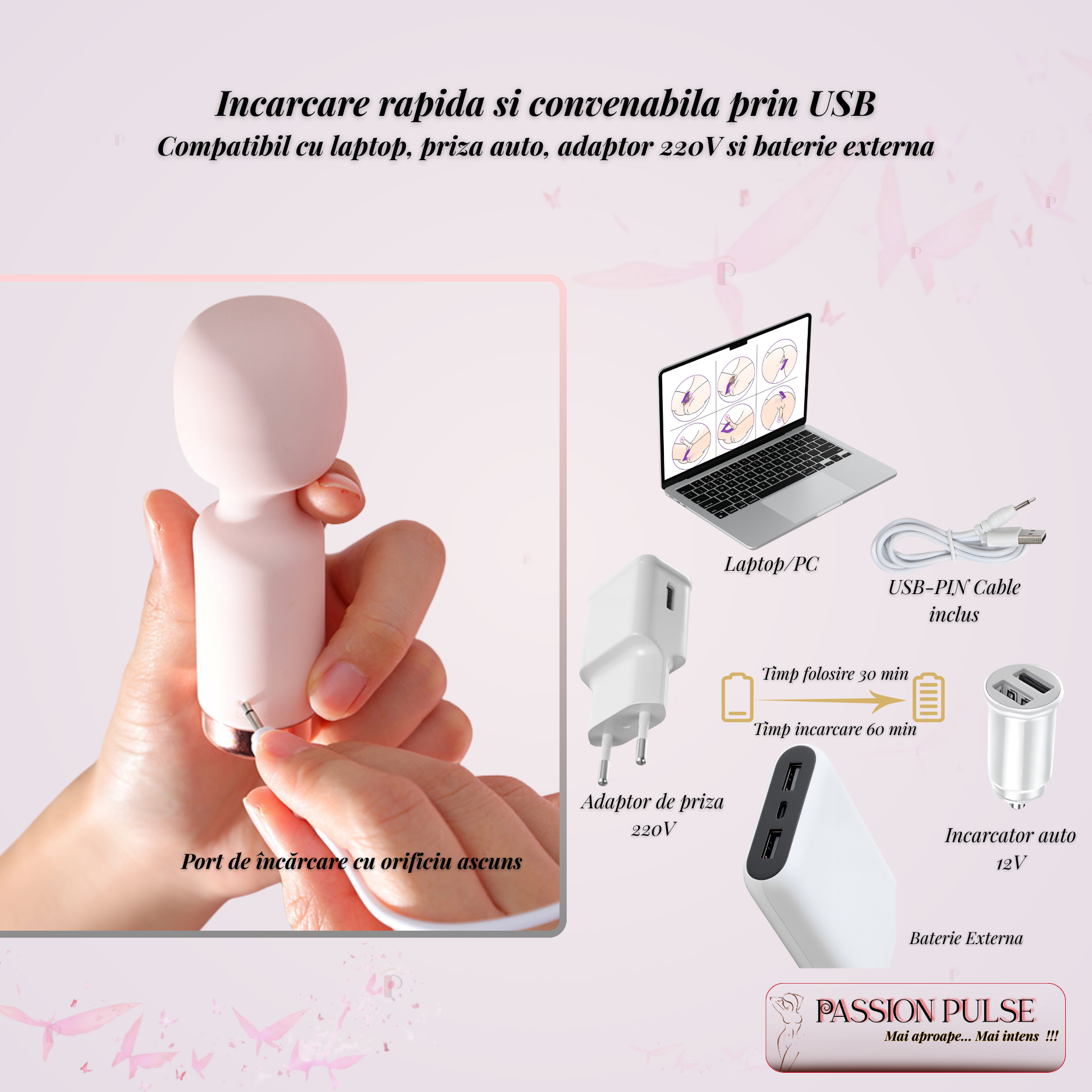 Încărcare rapidă prin USB pentru mini vibrator PassionPulse - compatibil laptop, adaptor 220V, încărcător auto, baterie externă