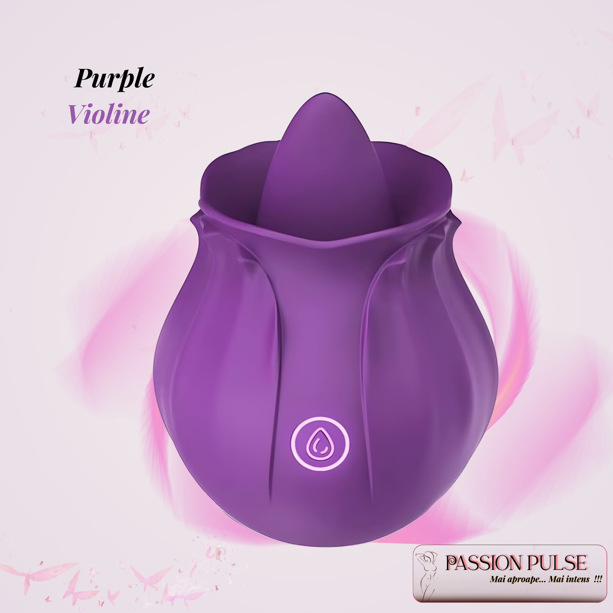 Vibrator pentru stimulare clitoridiană PassionPulse, prezentare de produs cu elemente de branding și logo.