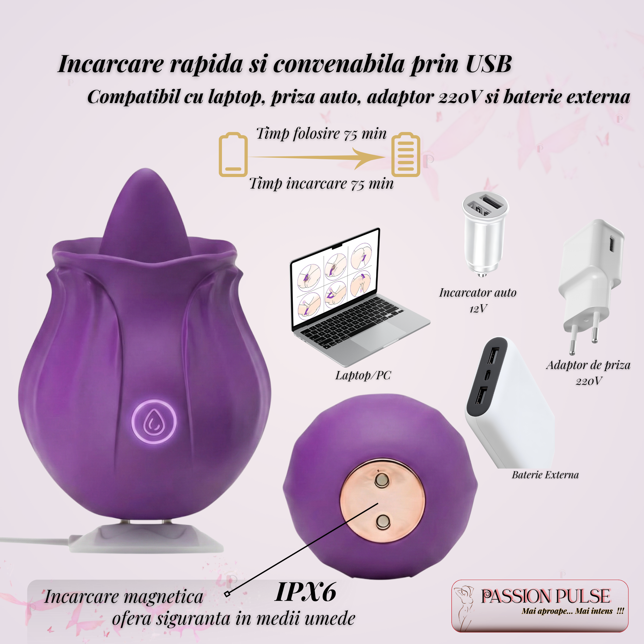 Infografic încărcare USB și încărcare magnetică pentru vibratorul clitoridian PassionPulse, compatibil cu laptop/PC și adaptoare, IPX6.