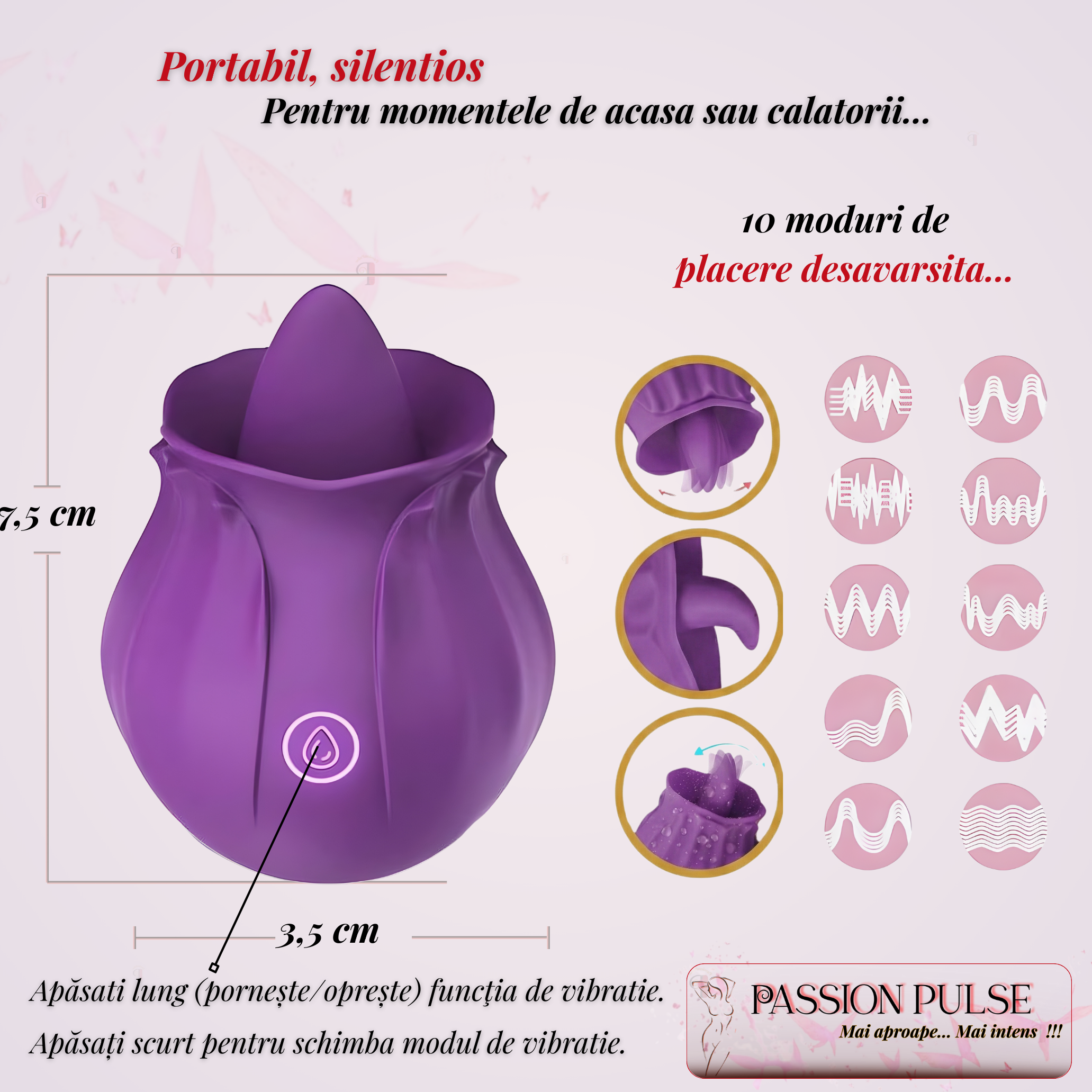 Infografic cu dimensiuni, 10 moduri de vibrație și instrucțiuni de control pentru vibratorul clitoridian PassionPulse.