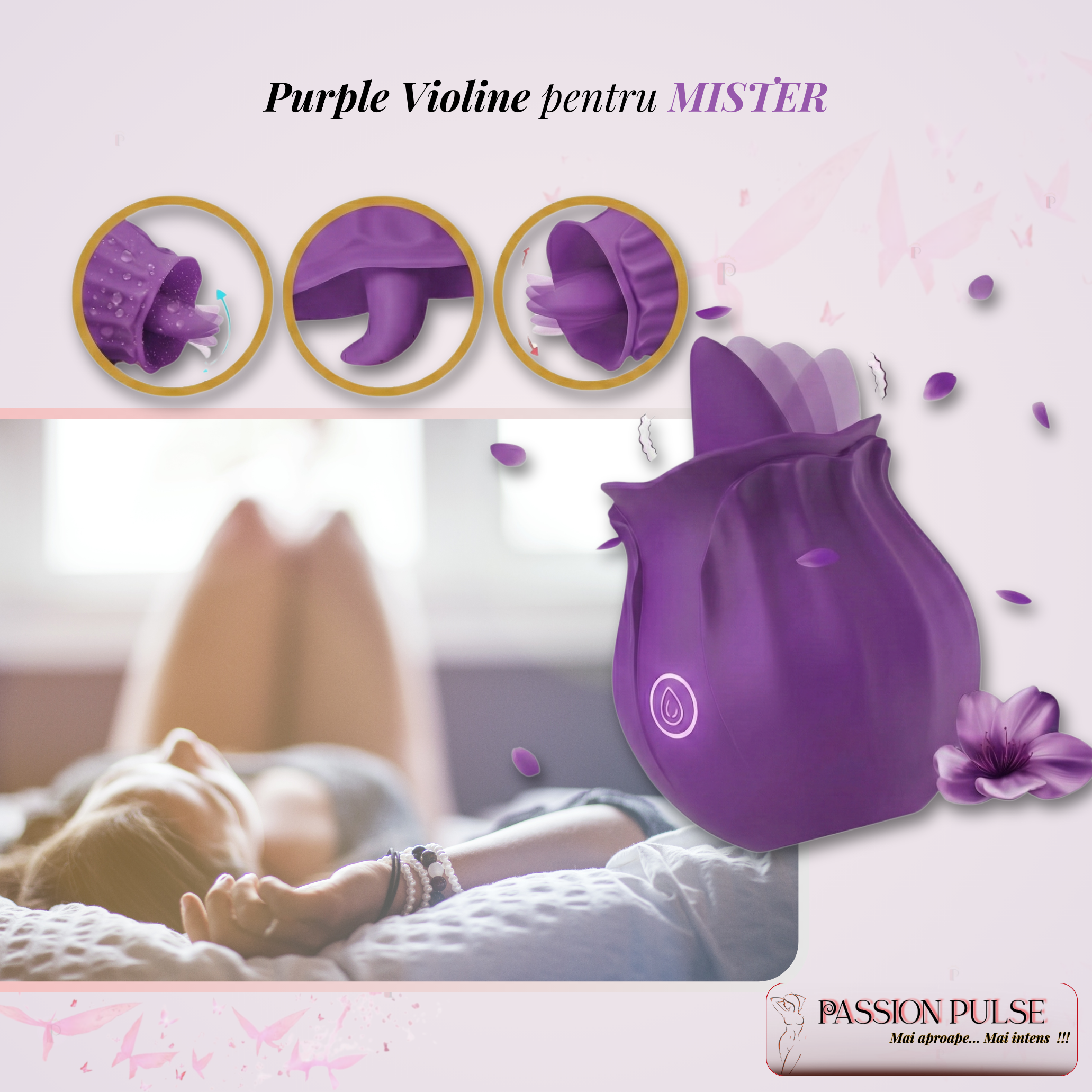 Scenă lifestyle în dormitor: vibrator pentru stimulare clitoridiană PassionPulse, prezentare discretă pentru relaxare.