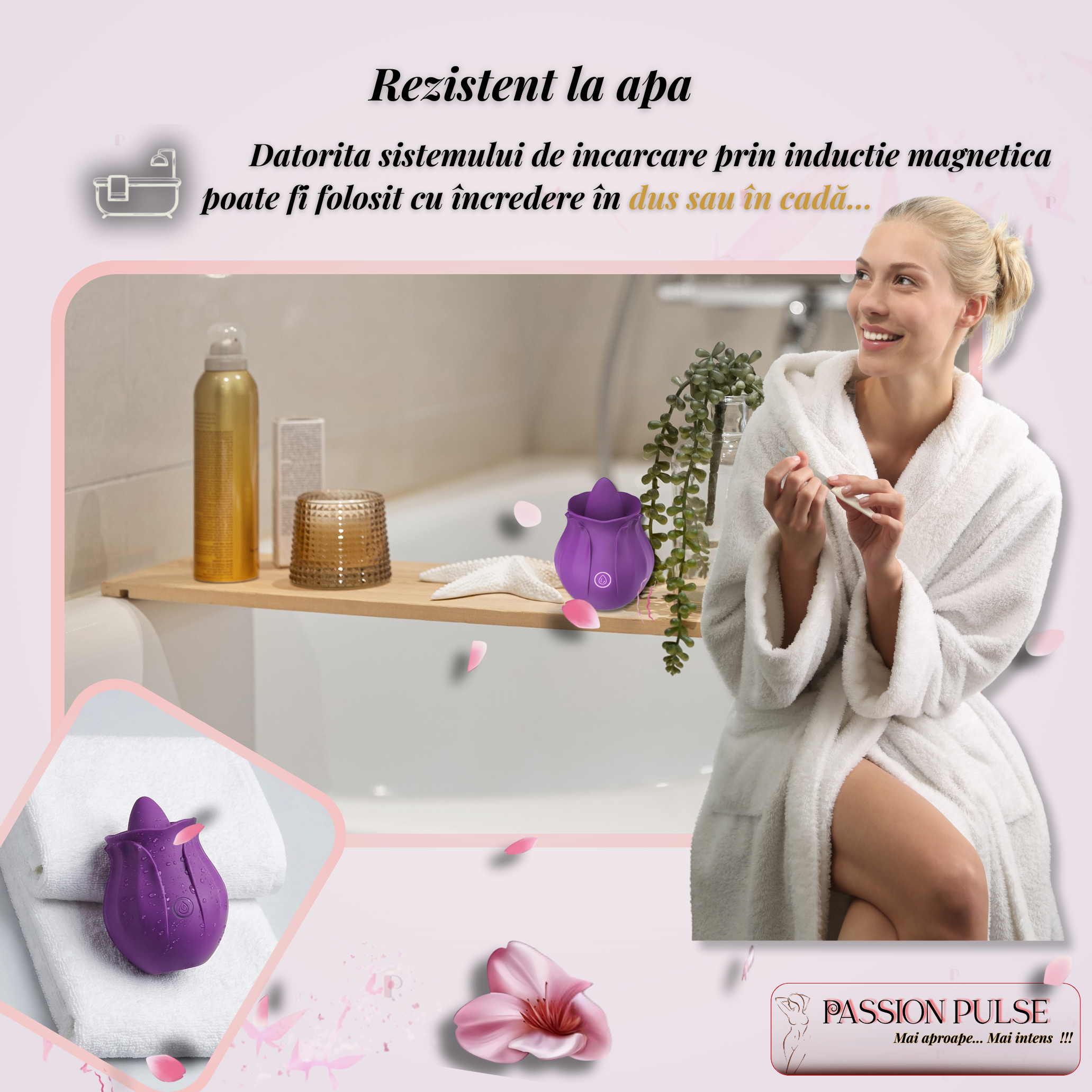 Vibrator clitoridian PassionPulse prezentat în decor de baie, evidențiind utilizarea sigură în medii umede.