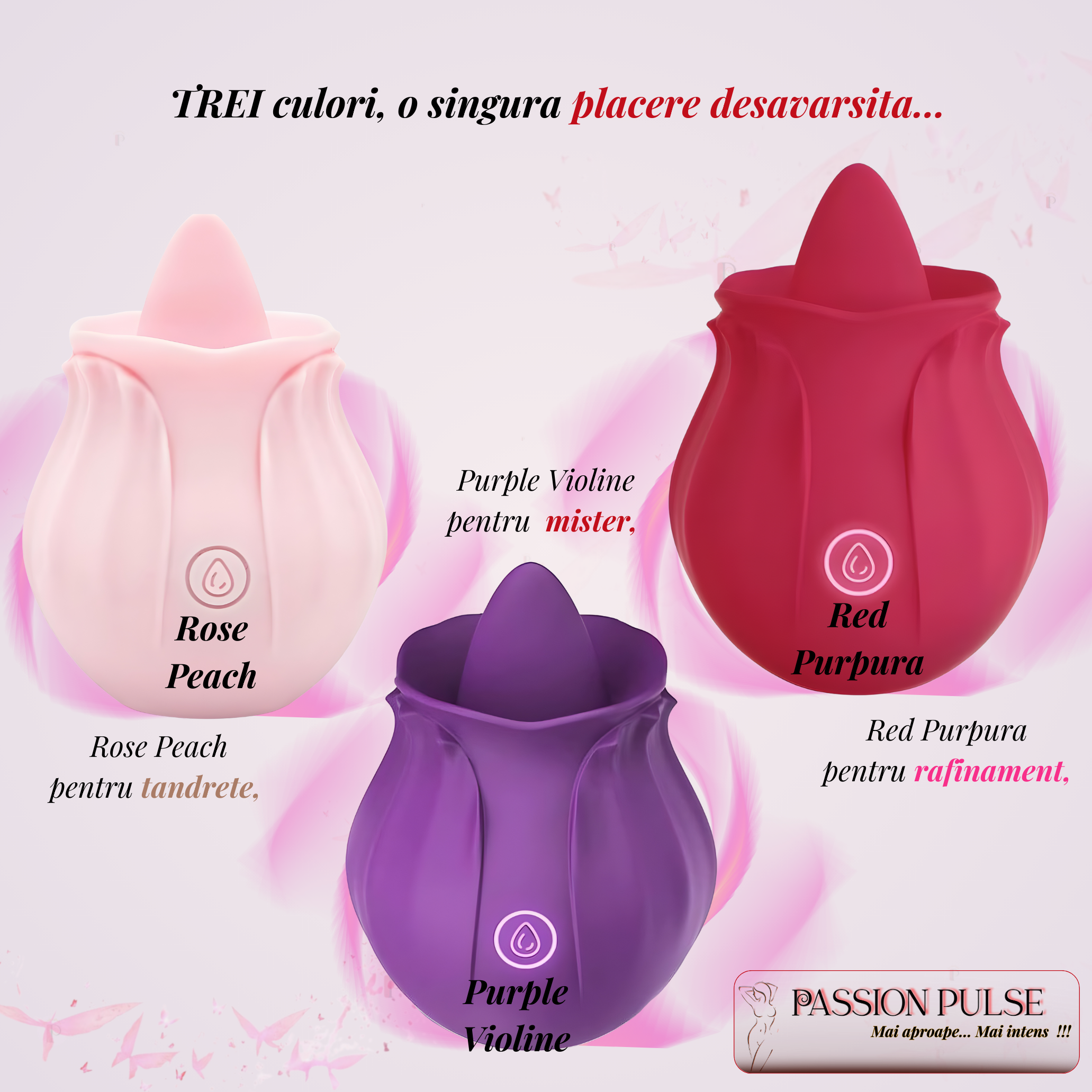 Imagine comparativă cu trei variante ale vibratorului clitoridian PassionPulse, prezentate împreună pentru alegere rapidă.