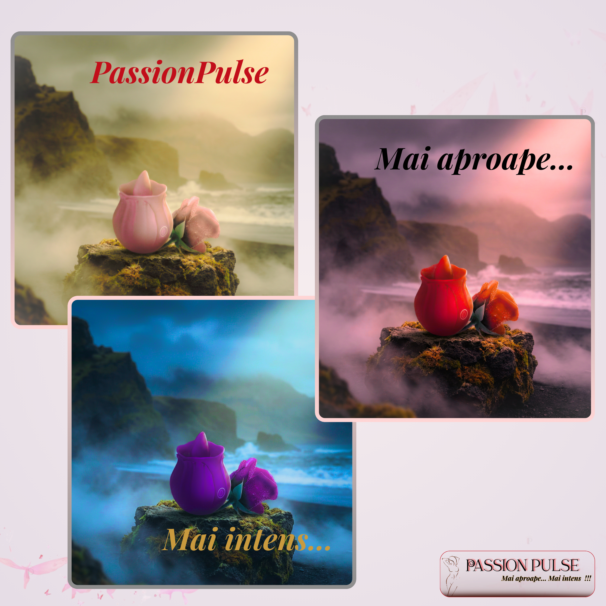 Colaj lifestyle cu vibratorul clitoridian PassionPulse în trei scenarii de ambient, cu mesaj și identitate de brand.