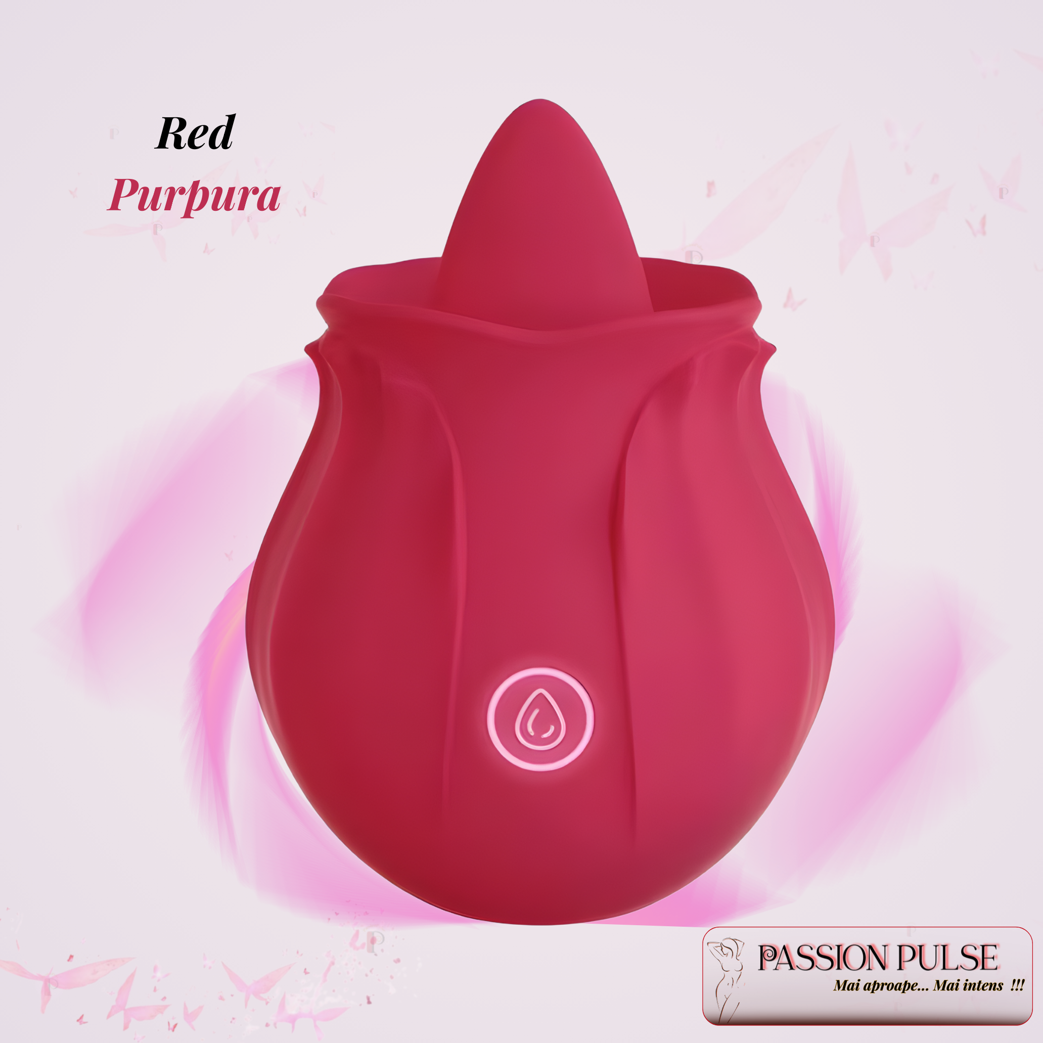 Vibrator pentru stimulare clitoridiană PassionPulse, prezentare de produs cu elemente de branding și logo.