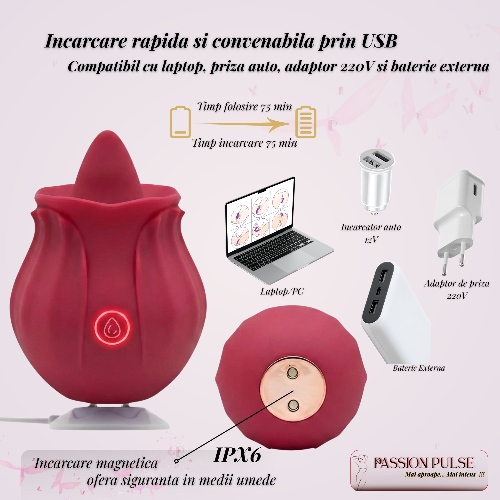Infografic încărcare USB și încărcare magnetică pentru vibratorul clitoridian PassionPulse, compatibil cu laptop/PC și adaptoare, IPX6.