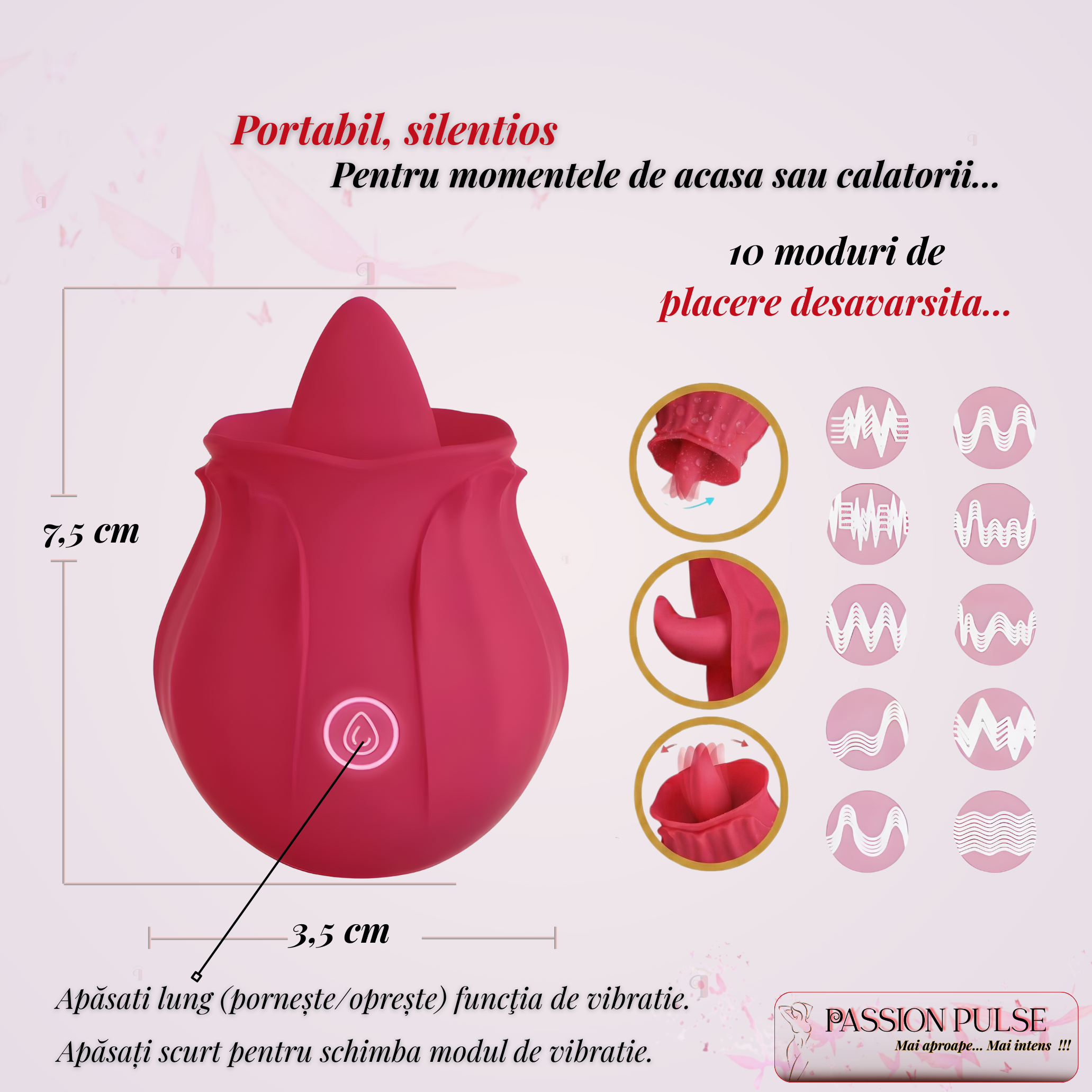 Infografic cu dimensiuni, 10 moduri de vibrație și instrucțiuni de control pentru vibratorul clitoridian PassionPulse.