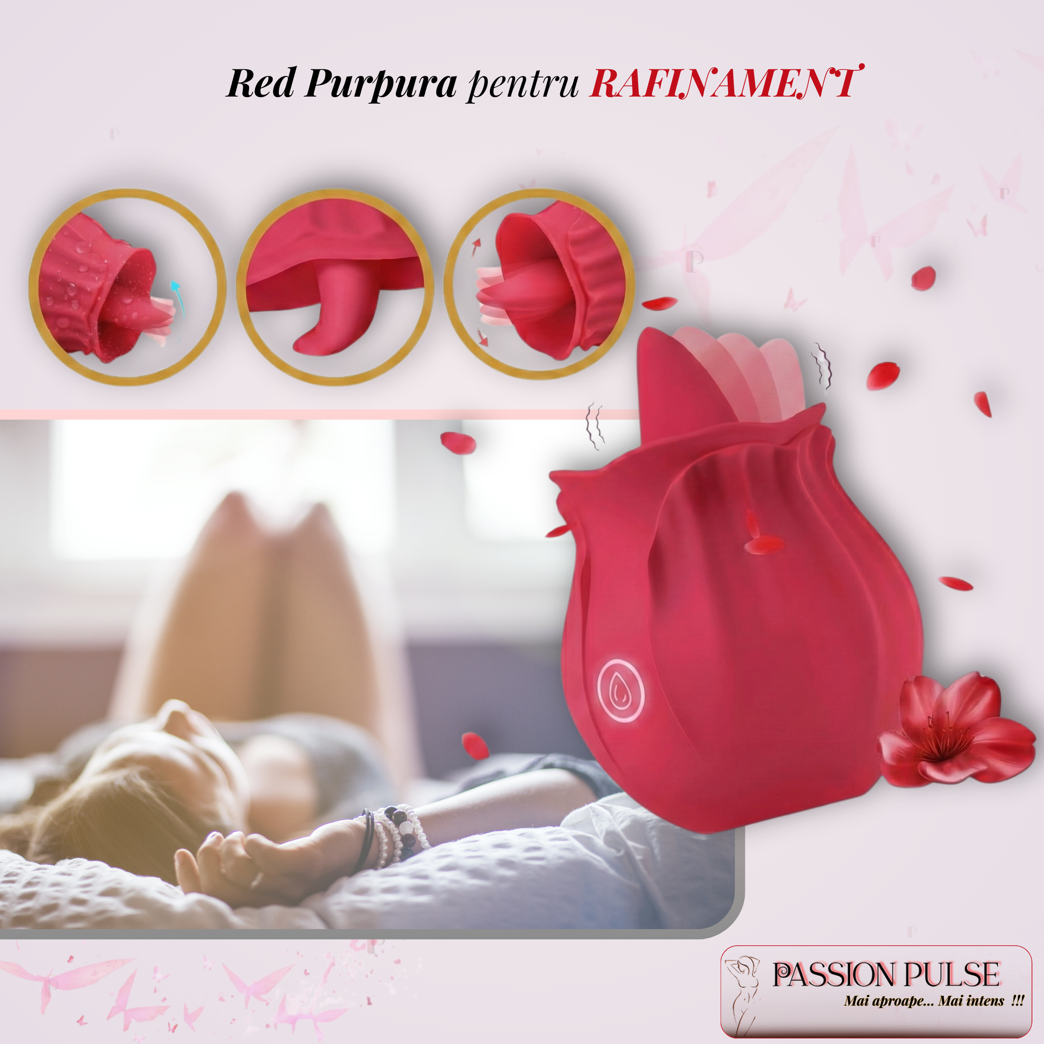 Scenă lifestyle în dormitor: vibrator pentru stimulare clitoridiană PassionPulse, prezentare discretă pentru relaxare.