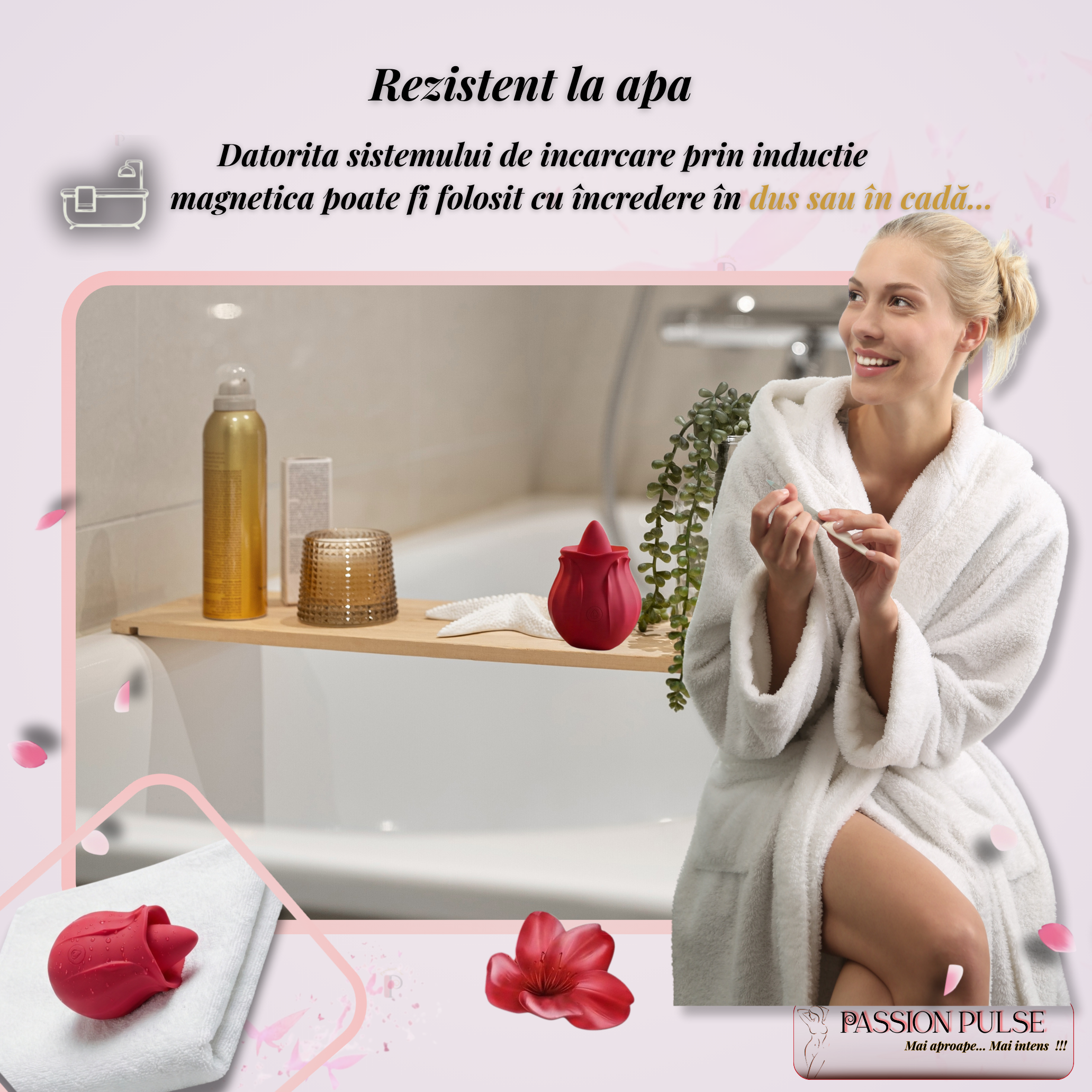 Vibrator clitoridian PassionPulse prezentat în decor de baie, evidențiind utilizarea sigură în medii umede.