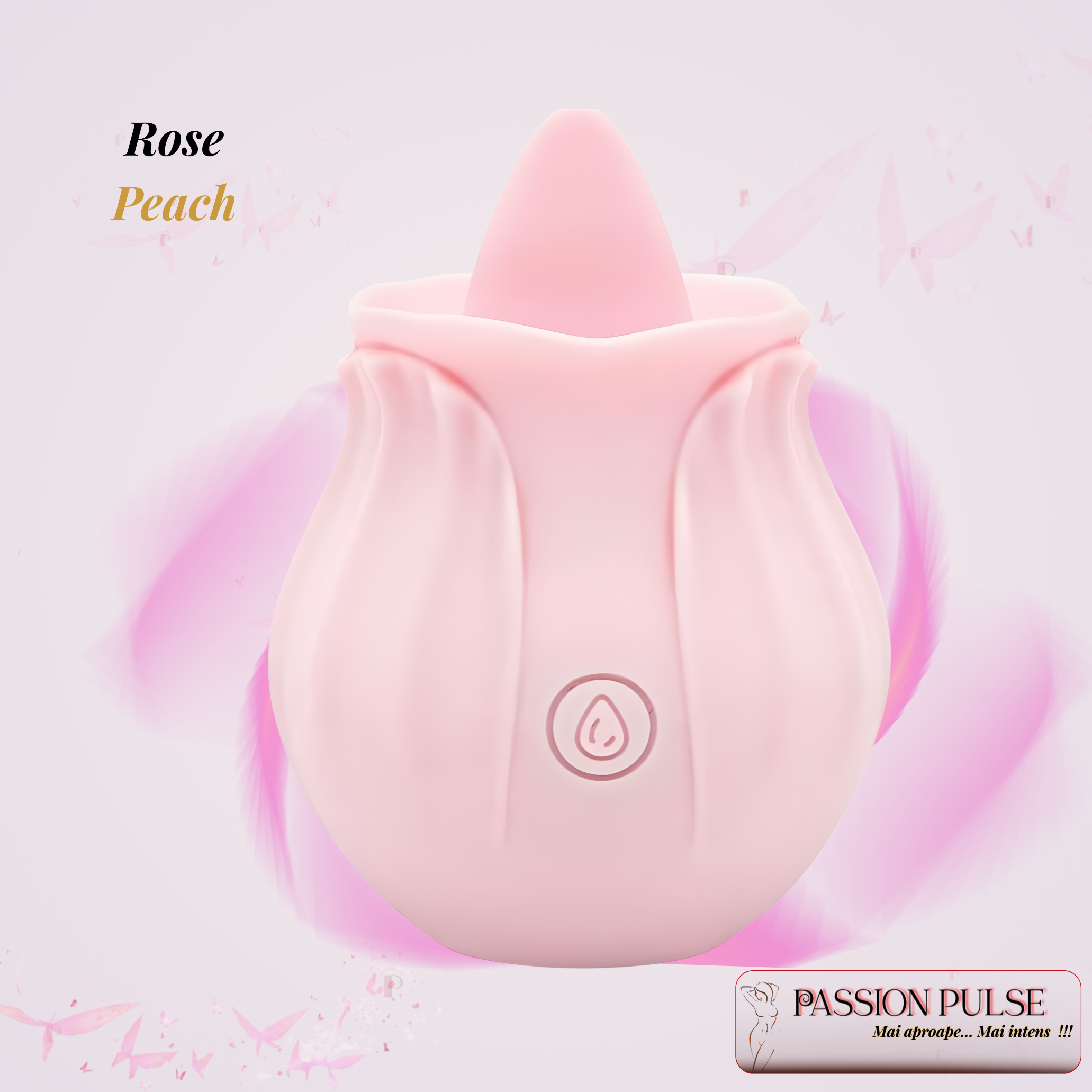 Vibrator pentru stimulare clitoridiană PassionPulse, prezentare de produs cu elemente de branding și logo.