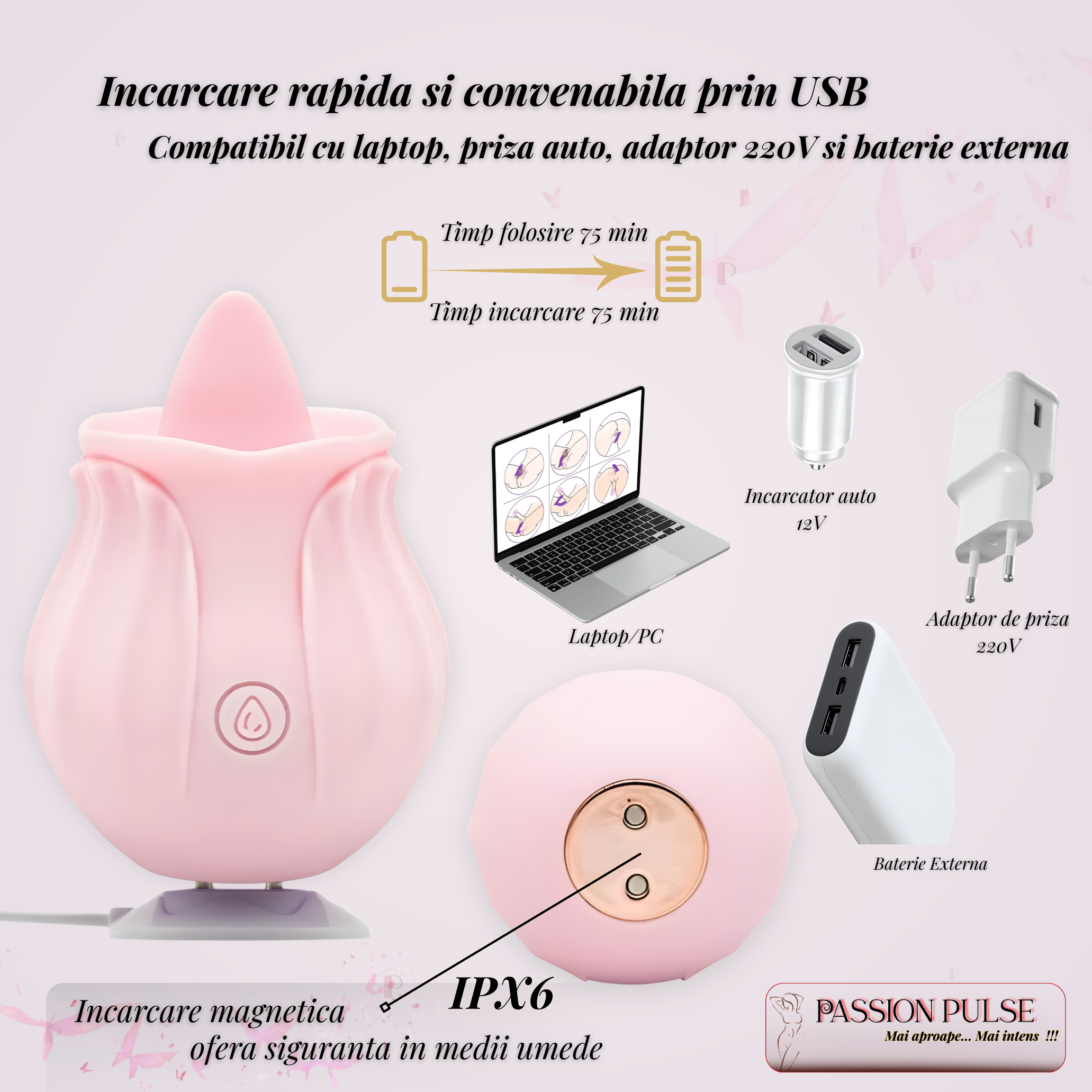 Infografic încărcare USB și încărcare magnetică pentru vibratorul clitoridian PassionPulse, compatibil cu laptop/PC și adaptoare, IPX6.