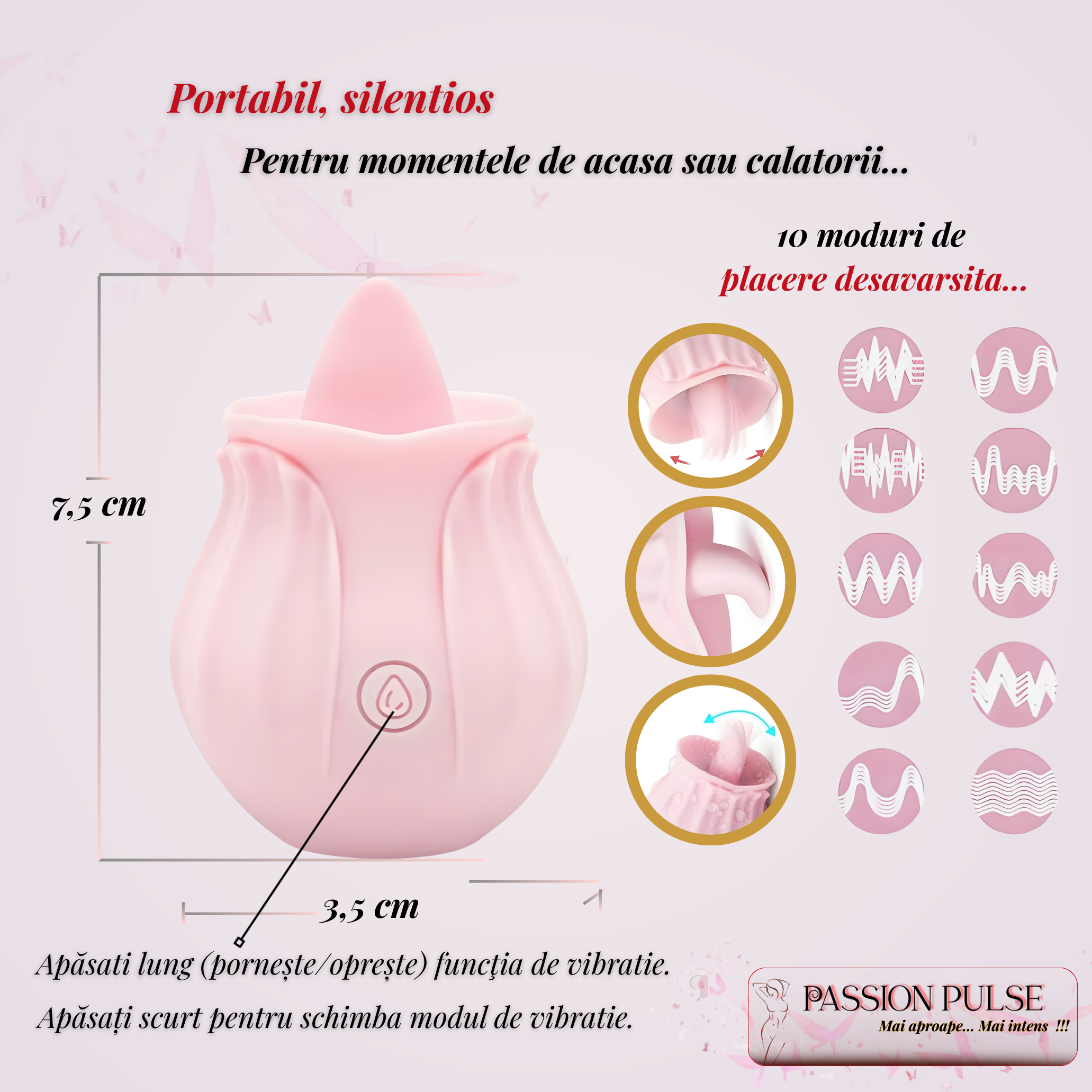 Infografic cu dimensiuni, 10 moduri de vibrație și instrucțiuni de control pentru vibratorul clitoridian PassionPulse.