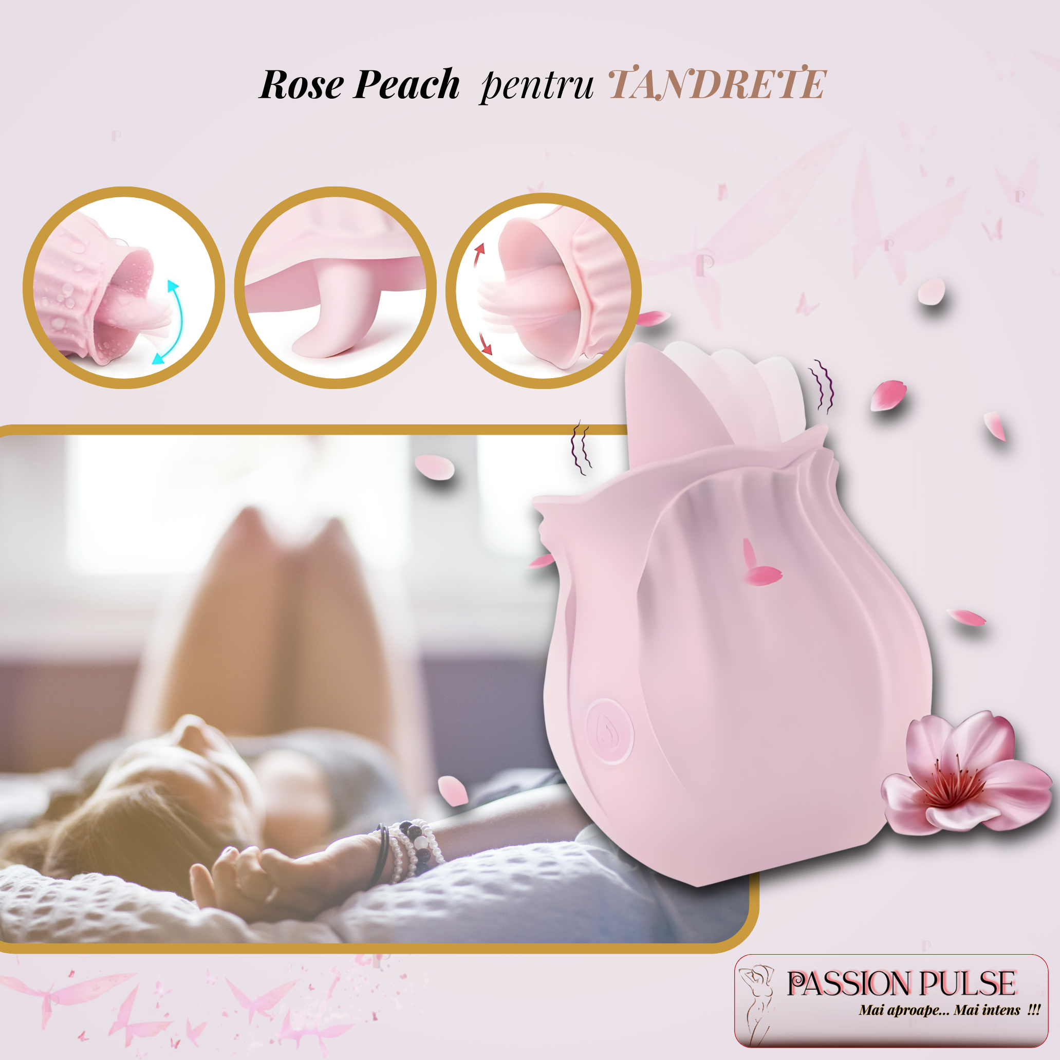 Scenă lifestyle în dormitor: vibrator pentru stimulare clitoridiană PassionPulse, prezentare discretă pentru relaxare.